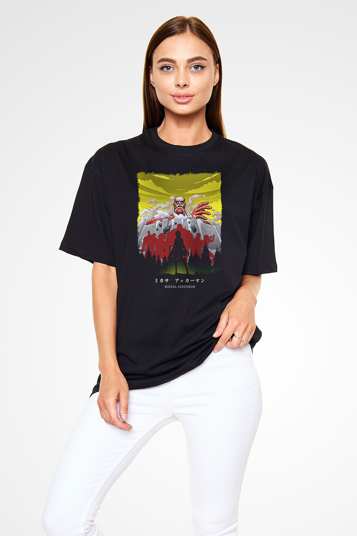 Attack On Titan Baskılı Unisex Siyah Oversize Tişört - Tshirt