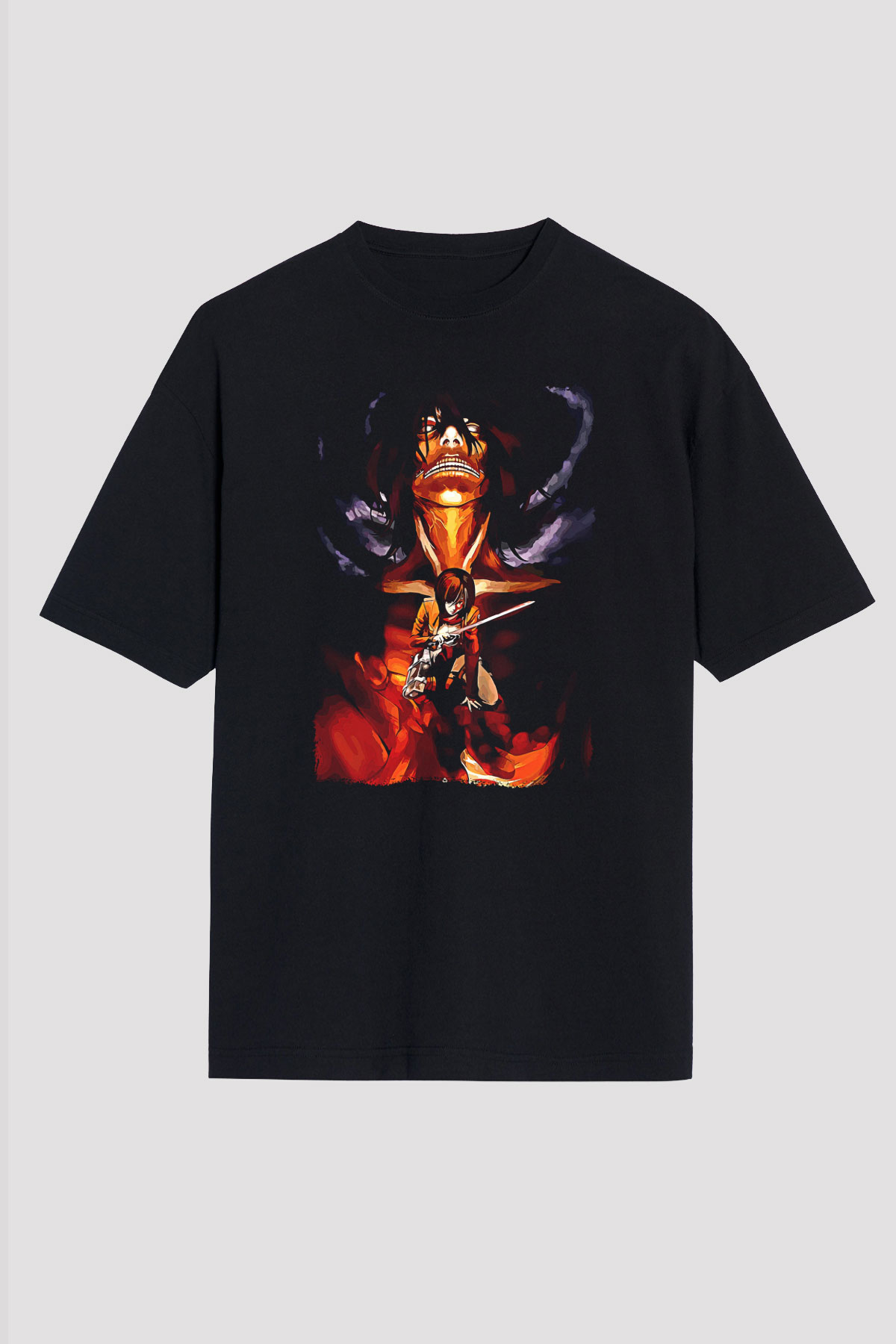 Attack On Titan Baskılı Unisex Siyah Oversize Tişört - Tshirt
