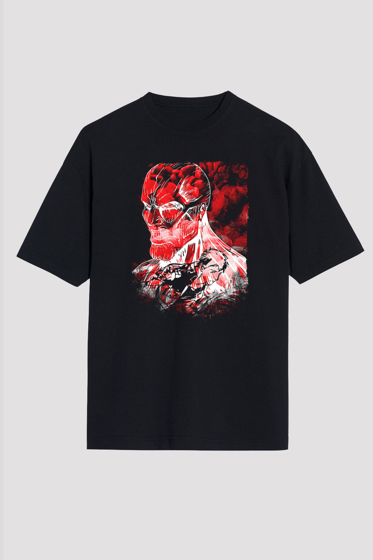Attack On Titan Baskılı Unisex Siyah Oversize Tişört - Tshirt