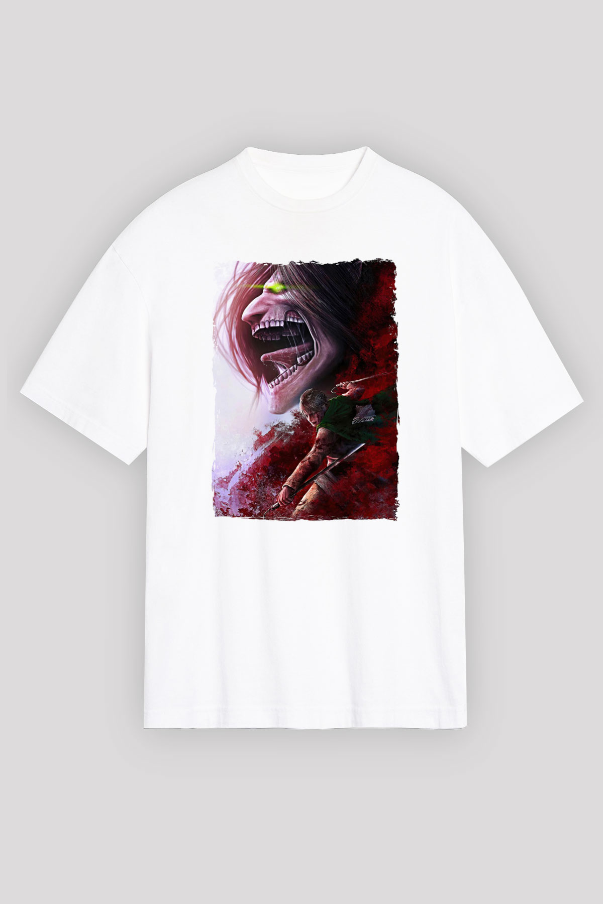 Attack On Titan Baskılı Unisex Siyah Oversize Tişört - Tshirt