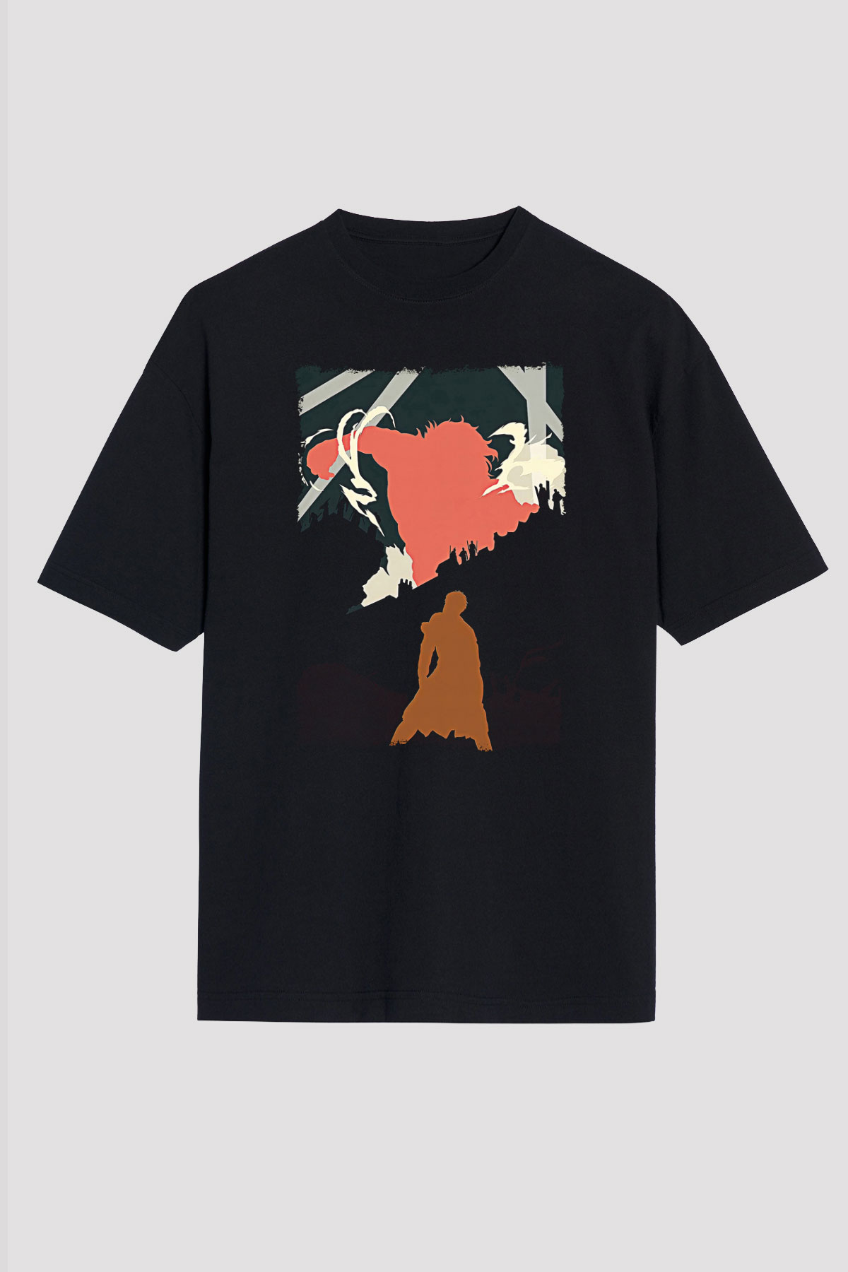 Attack On Titan Baskılı Unisex Siyah Oversize Tişört - Tshirt