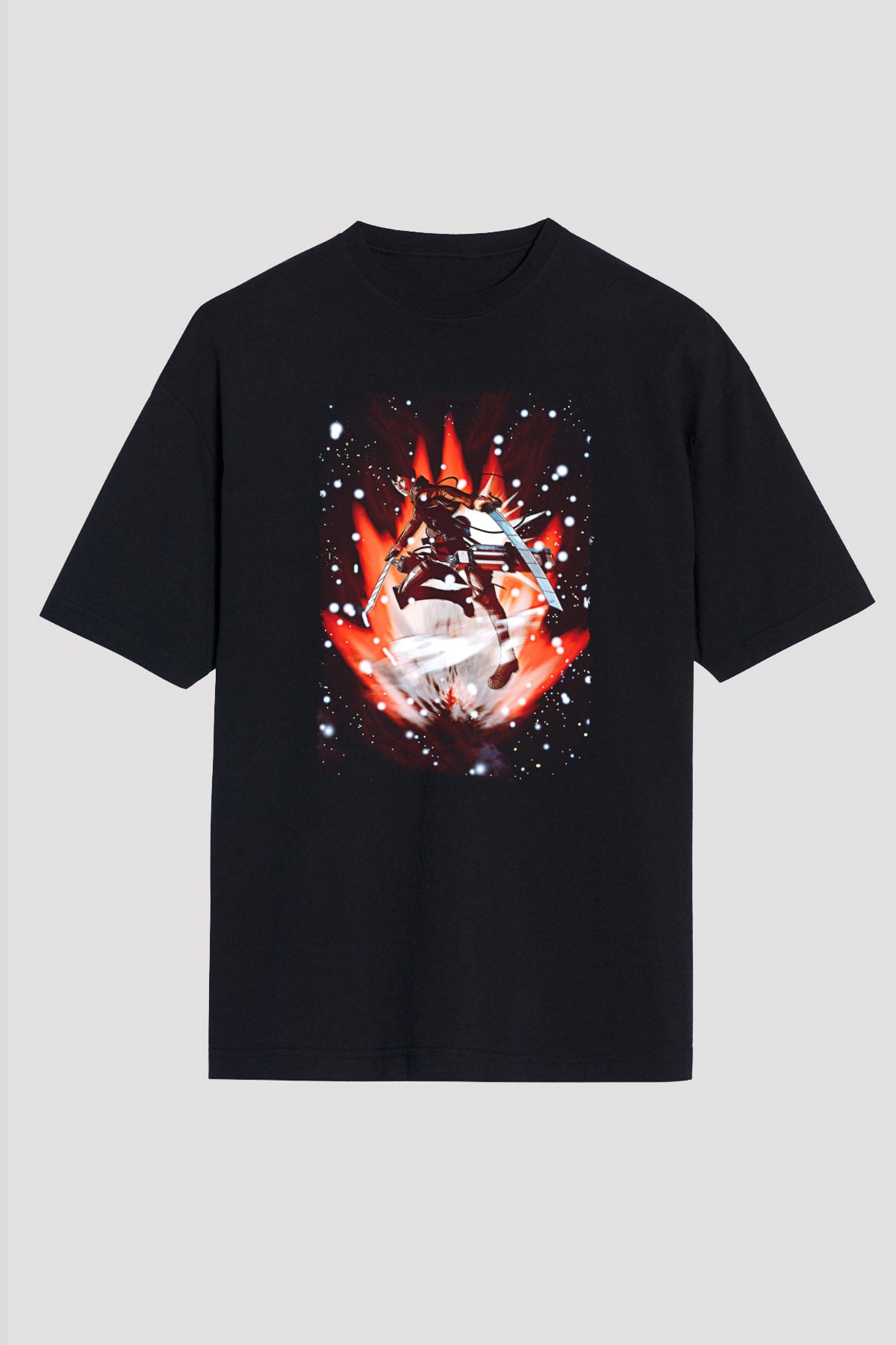 Attack On Titan Baskılı Unisex Siyah Oversize Tişört - Tshirt