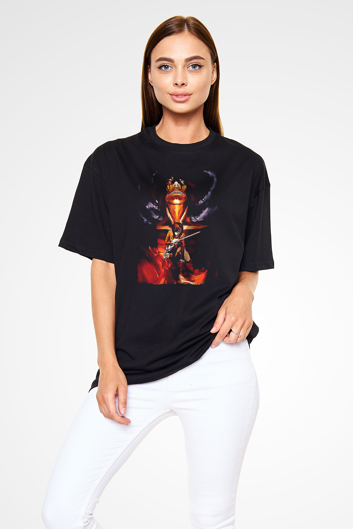 Attack On Titan Baskılı Unisex Siyah Oversize Tişört - Tshirt