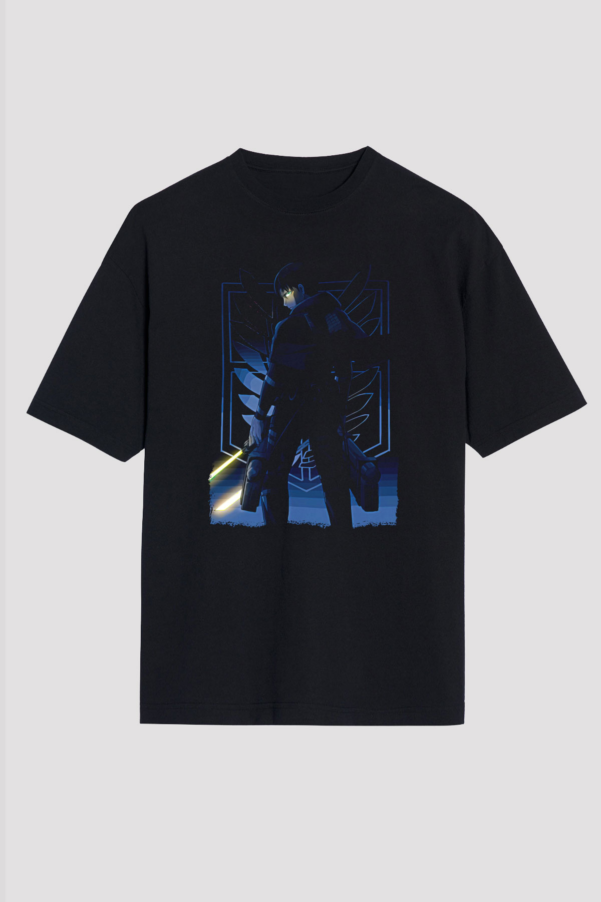 Attack On Titan Baskılı Unisex Siyah Oversize Tişört - Tshirt