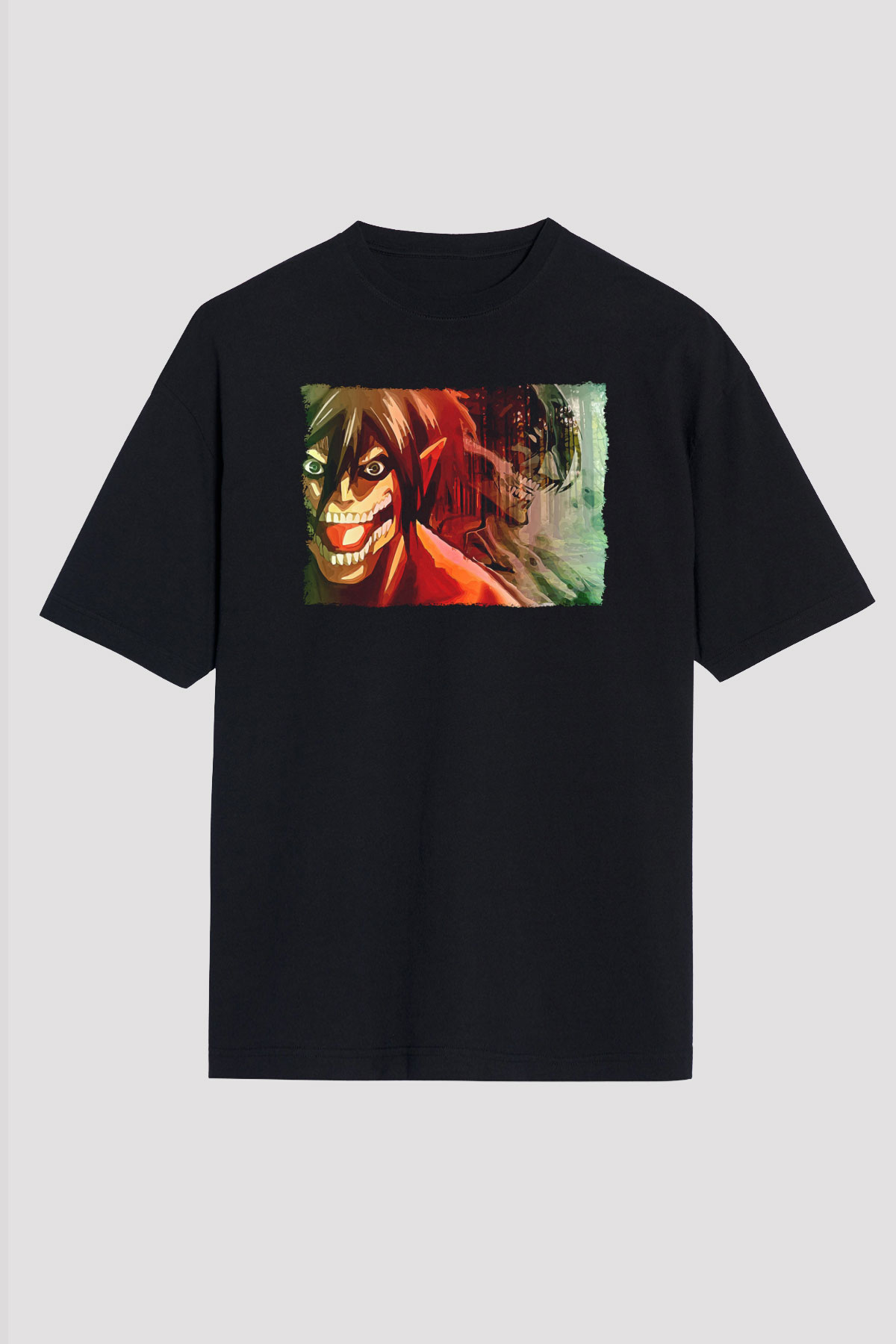 Attack On Titan Baskılı Unisex Siyah Oversize Tişört - Tshirt