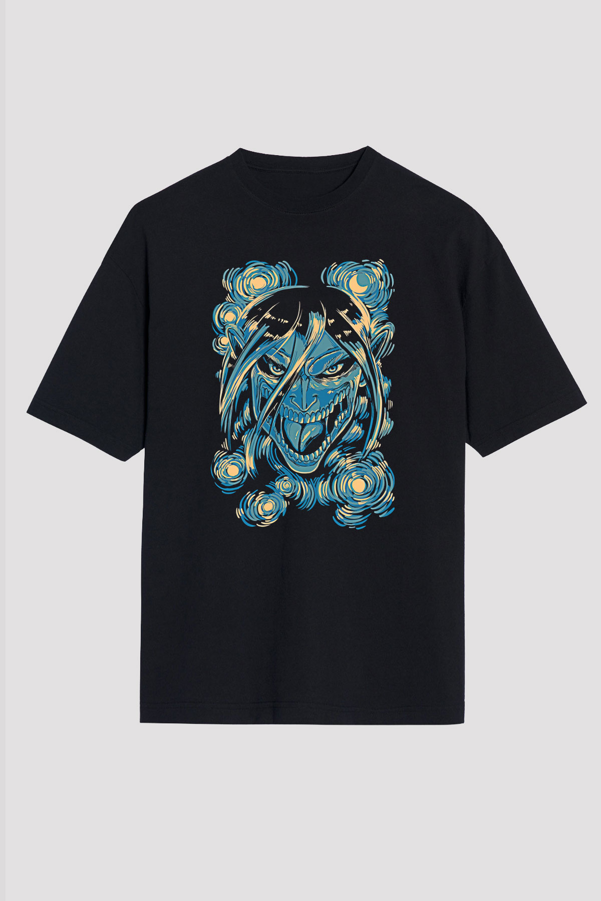 Attack On Titan Baskılı Unisex Siyah Oversize Tişört - Tshirt