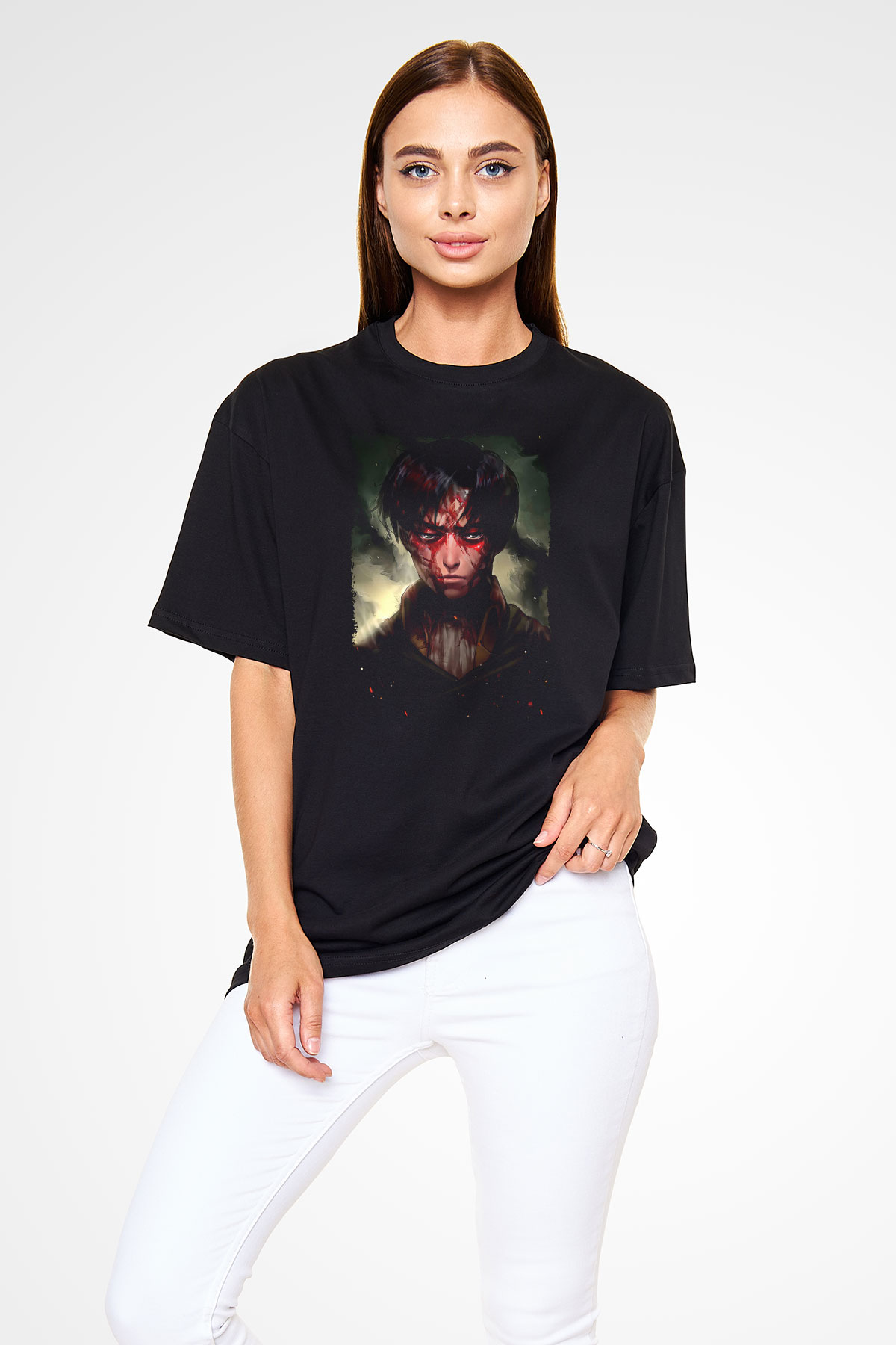 Attack On Titan Baskılı Unisex Siyah Oversize Tişört - Tshirt