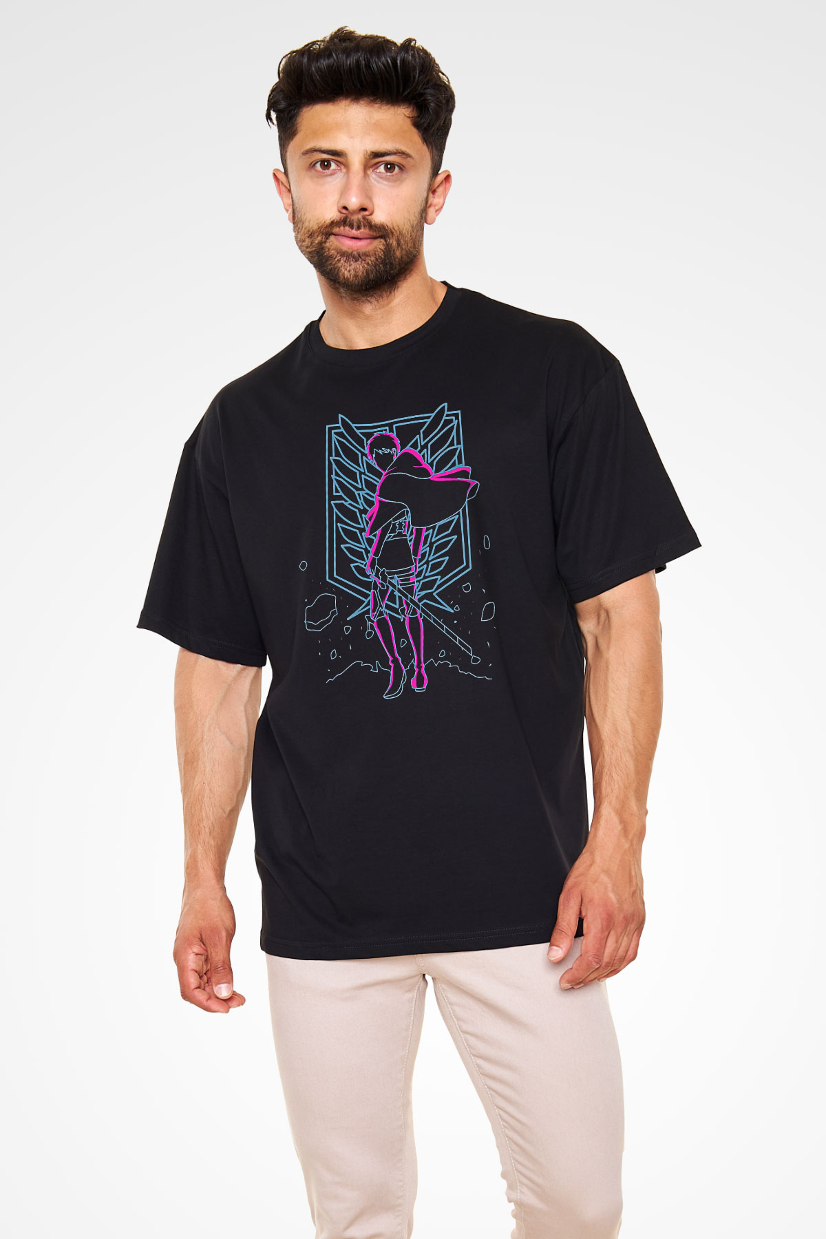 Attack On Titan Baskılı Unisex Siyah Oversize Tişört - Tshirt