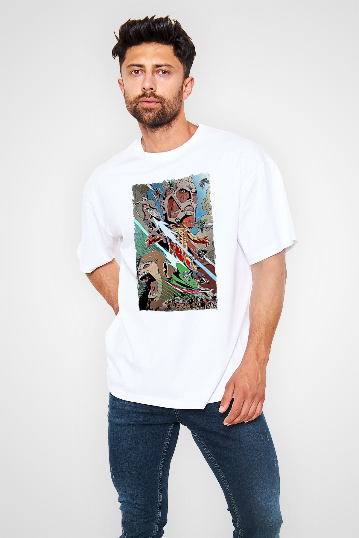 Attack On Titan Baskılı Unisex Siyah Oversize Tişört - Tshirt
