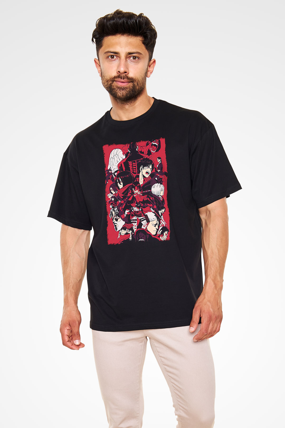 Attack On Titan Baskılı Unisex Siyah Oversize Tişört - Tshirt