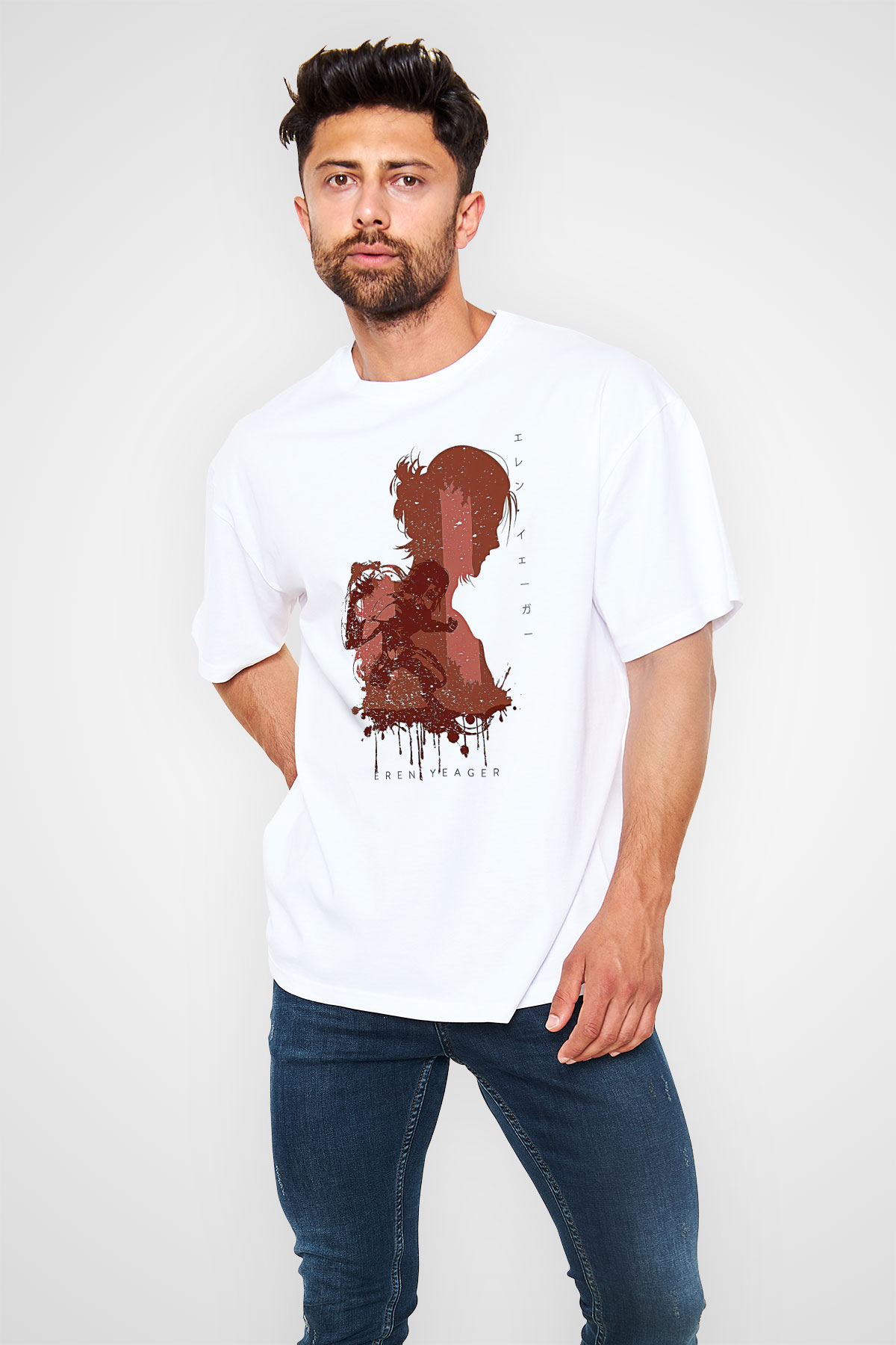 Attack On Titan Baskılı Unisex Siyah Oversize Tişört - Tshirt