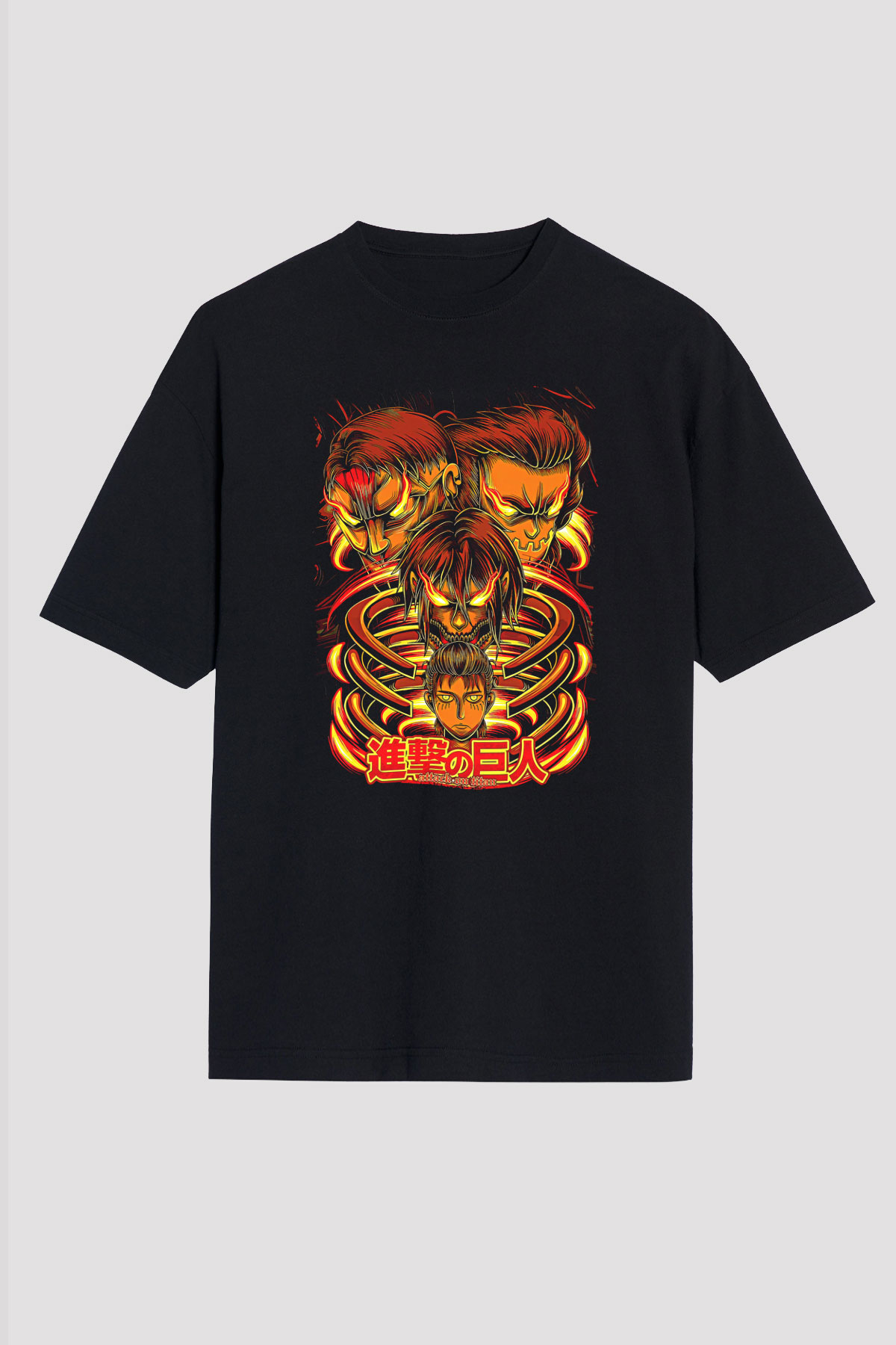 Attack On Titan Baskılı Unisex Siyah Oversize Tişört - Tshirt