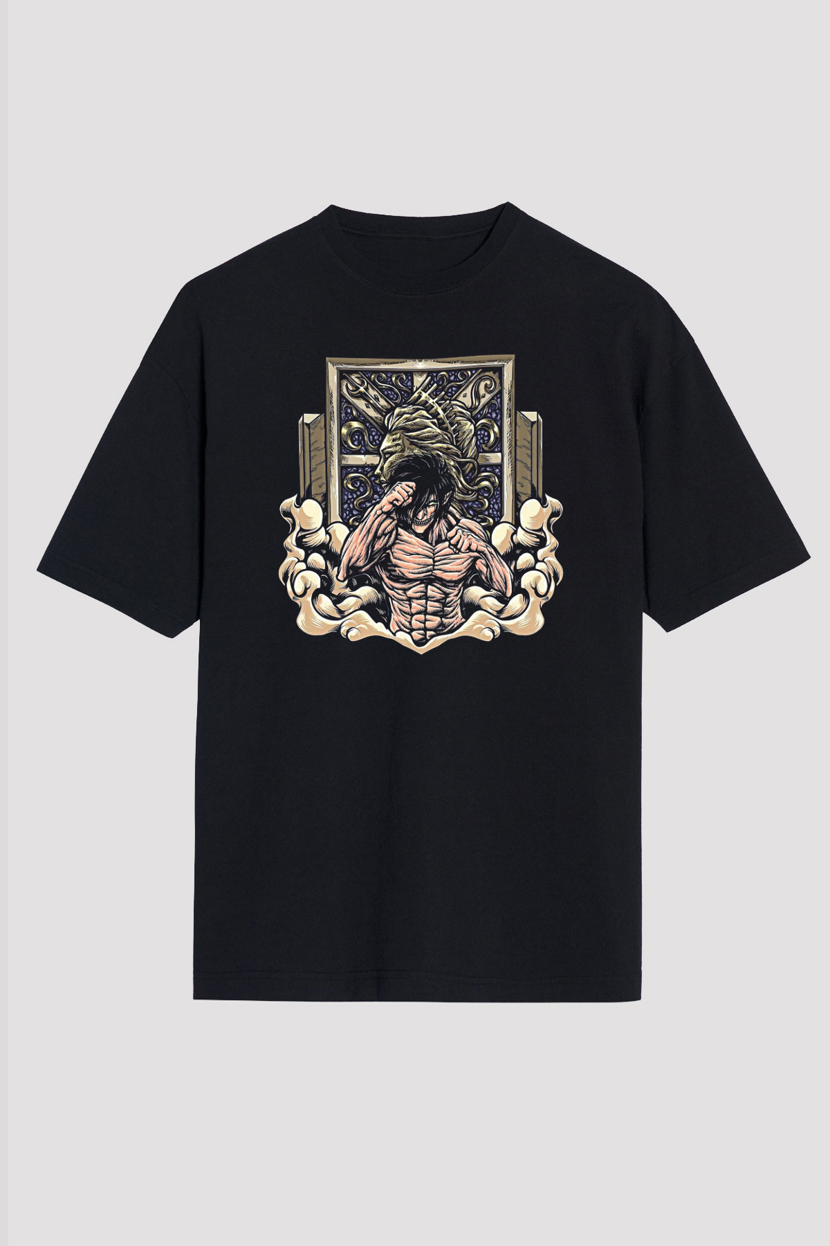 Attack On Titan Baskılı Unisex Siyah Oversize Tişört - Tshirt