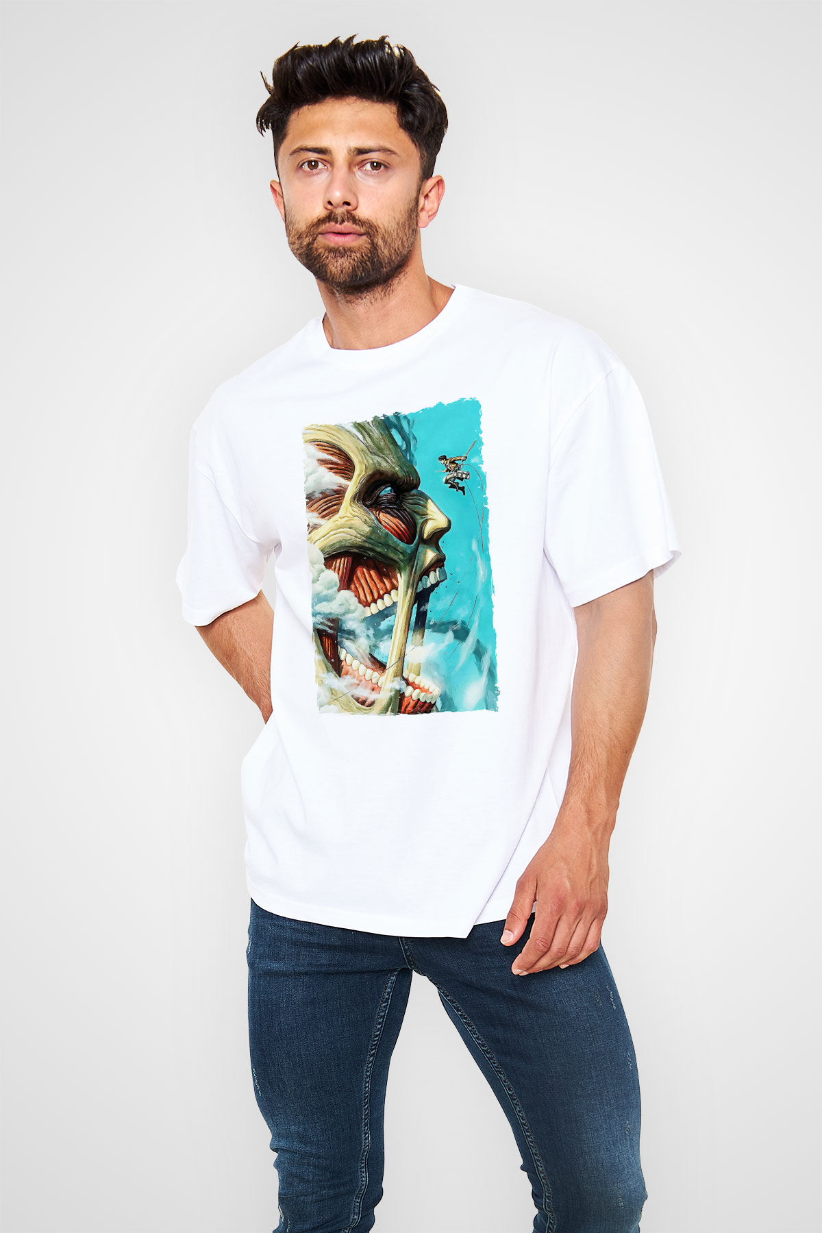 Attack On Titan Baskılı Unisex Siyah Oversize Tişört - Tshirt