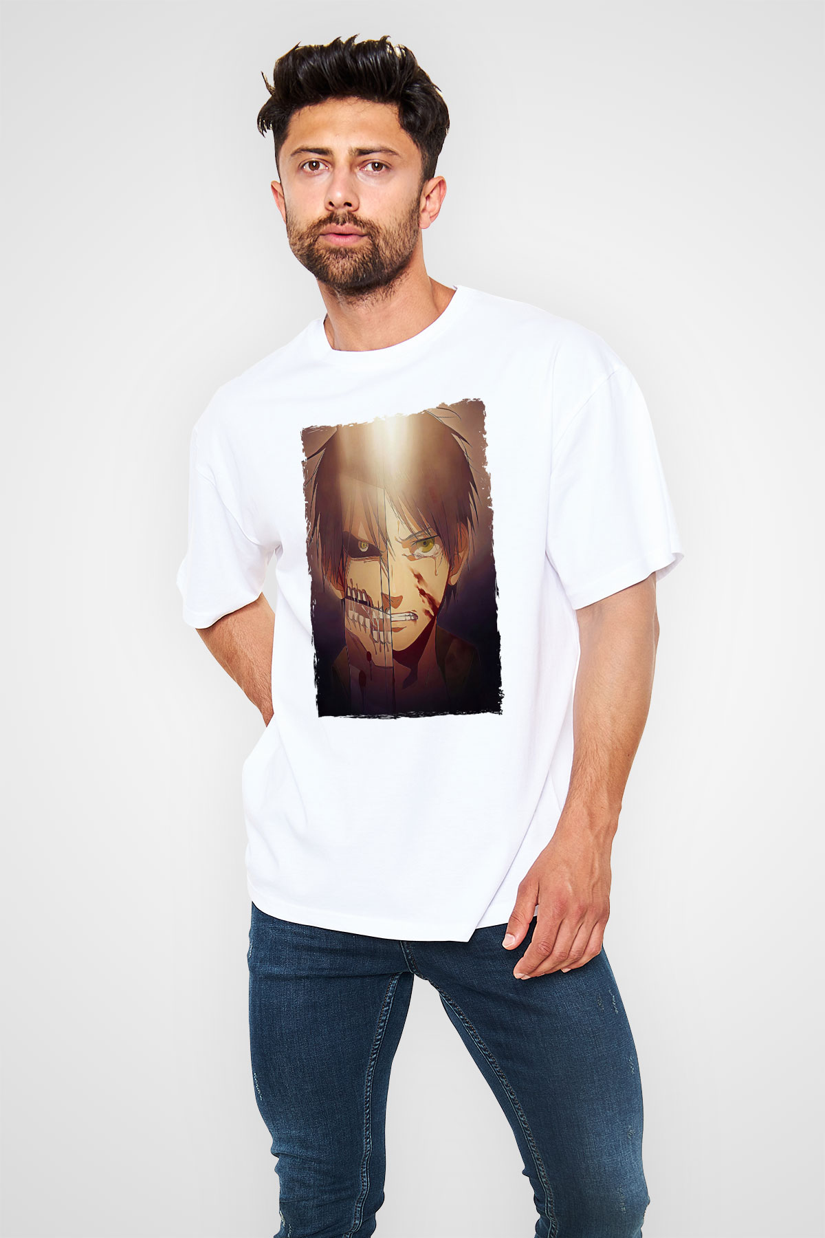 Attack On Titan Baskılı Unisex Siyah Oversize Tişört - Tshirt