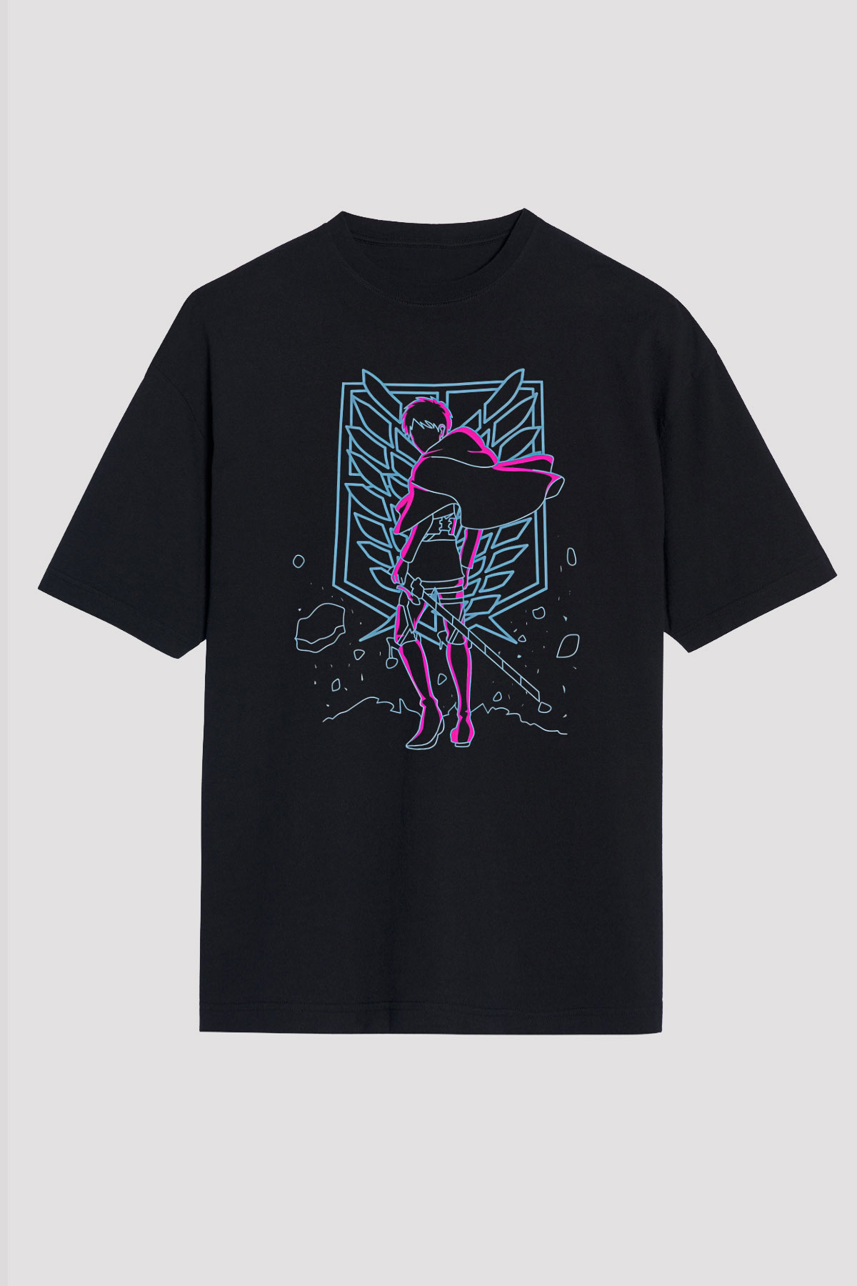 Attack On Titan Baskılı Unisex Siyah Oversize Tişört - Tshirt