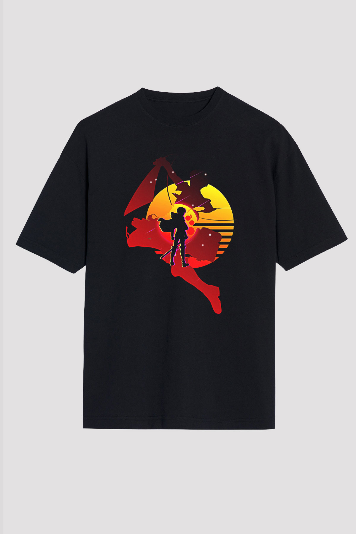 Attack On Titan Baskılı Unisex Siyah Oversize Tişört - Tshirt