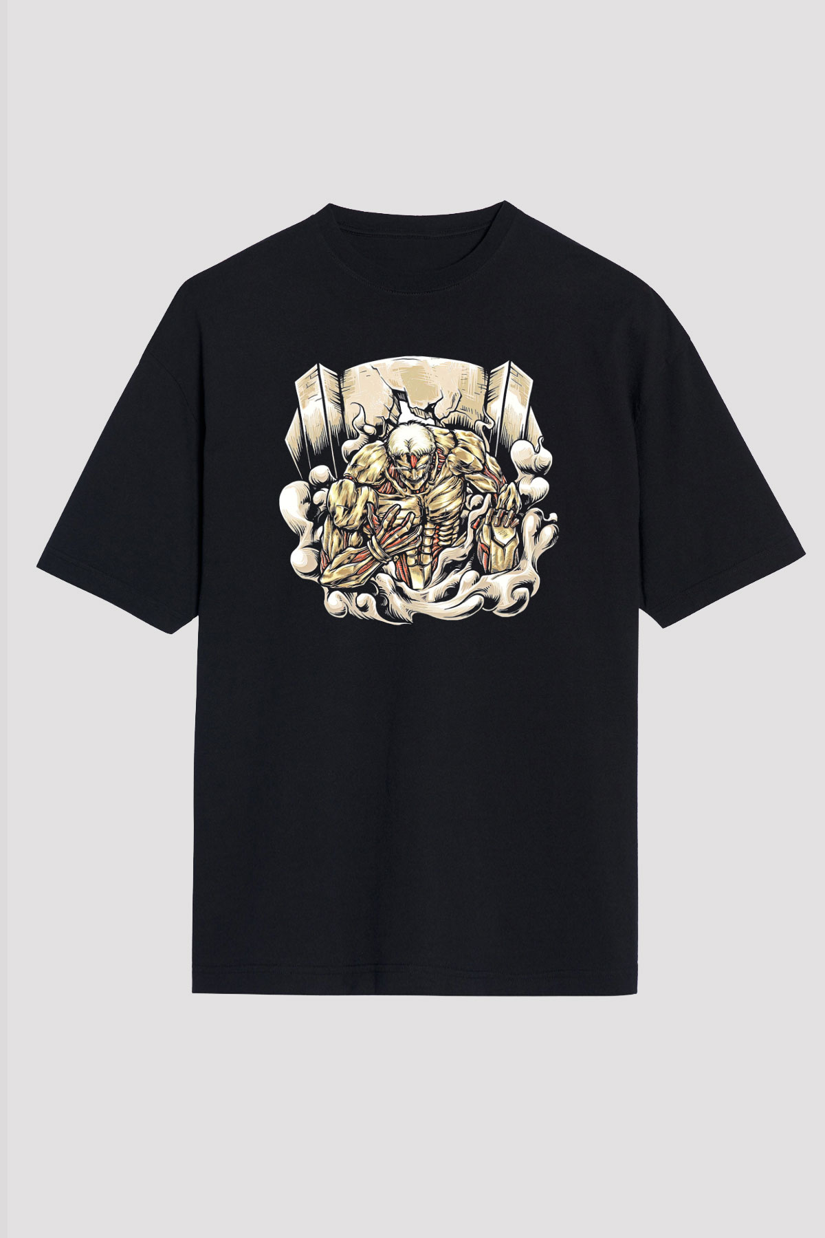 Attack On Titan Baskılı Unisex Siyah Oversize Tişört - Tshirt