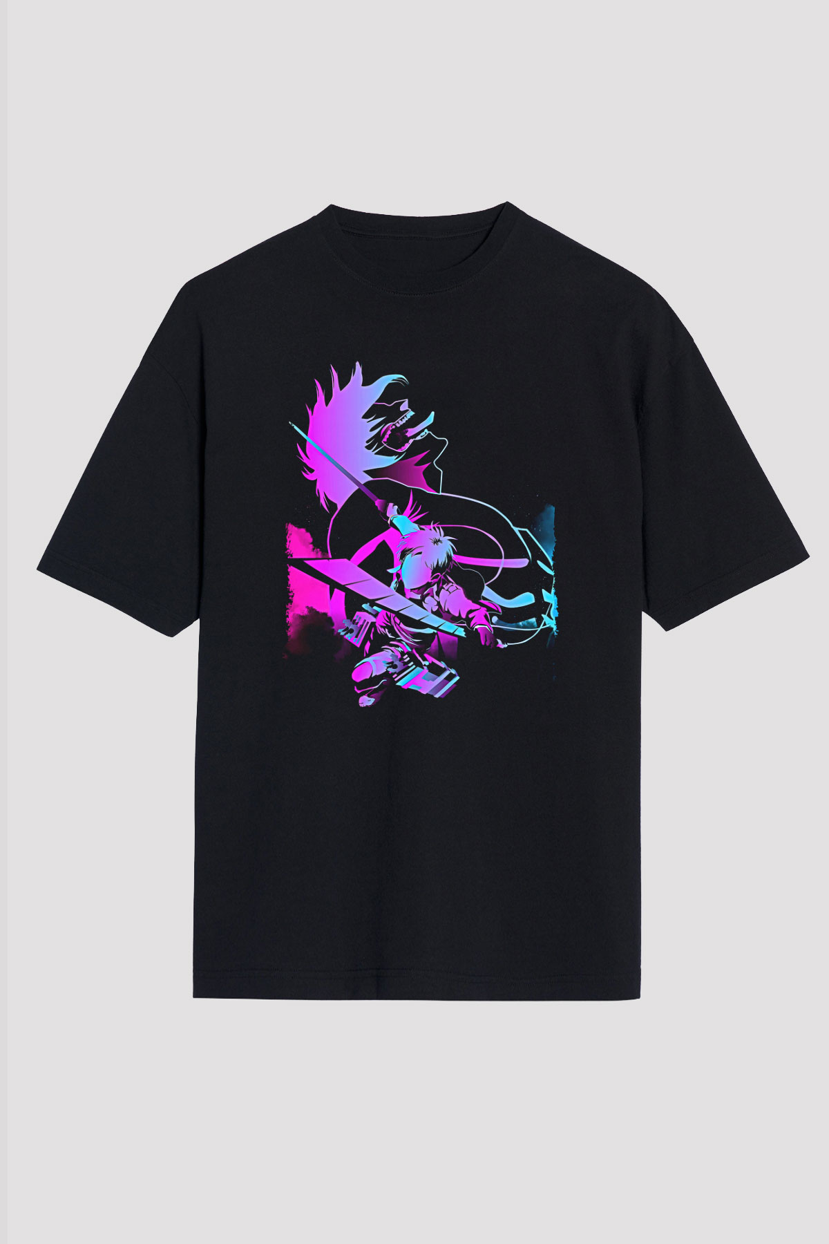 Attack On Titan Baskılı Unisex Siyah Oversize Tişört - Tshirt