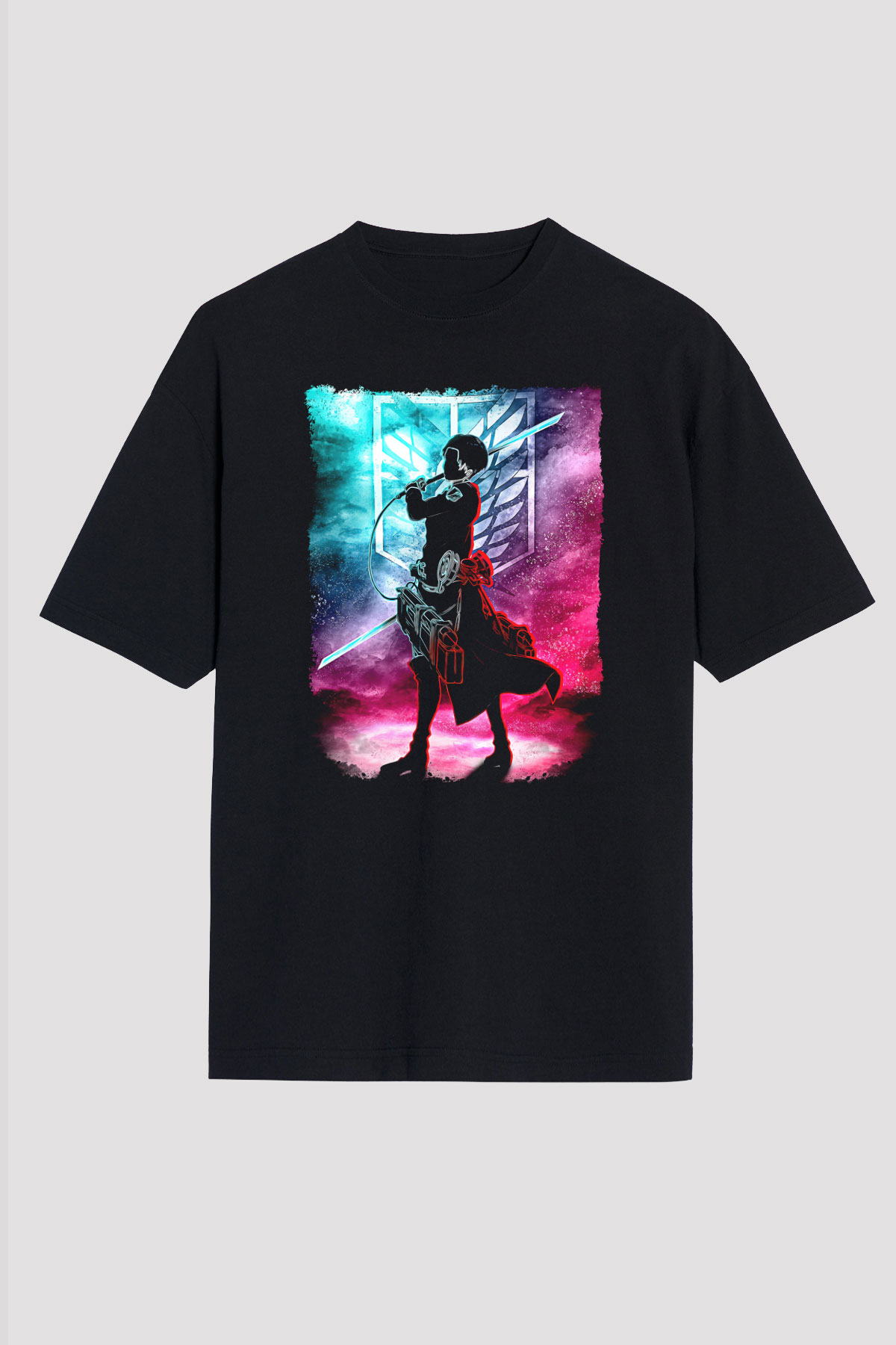 Attack On Titan Baskılı Unisex Siyah Oversize Tişört - Tshirt