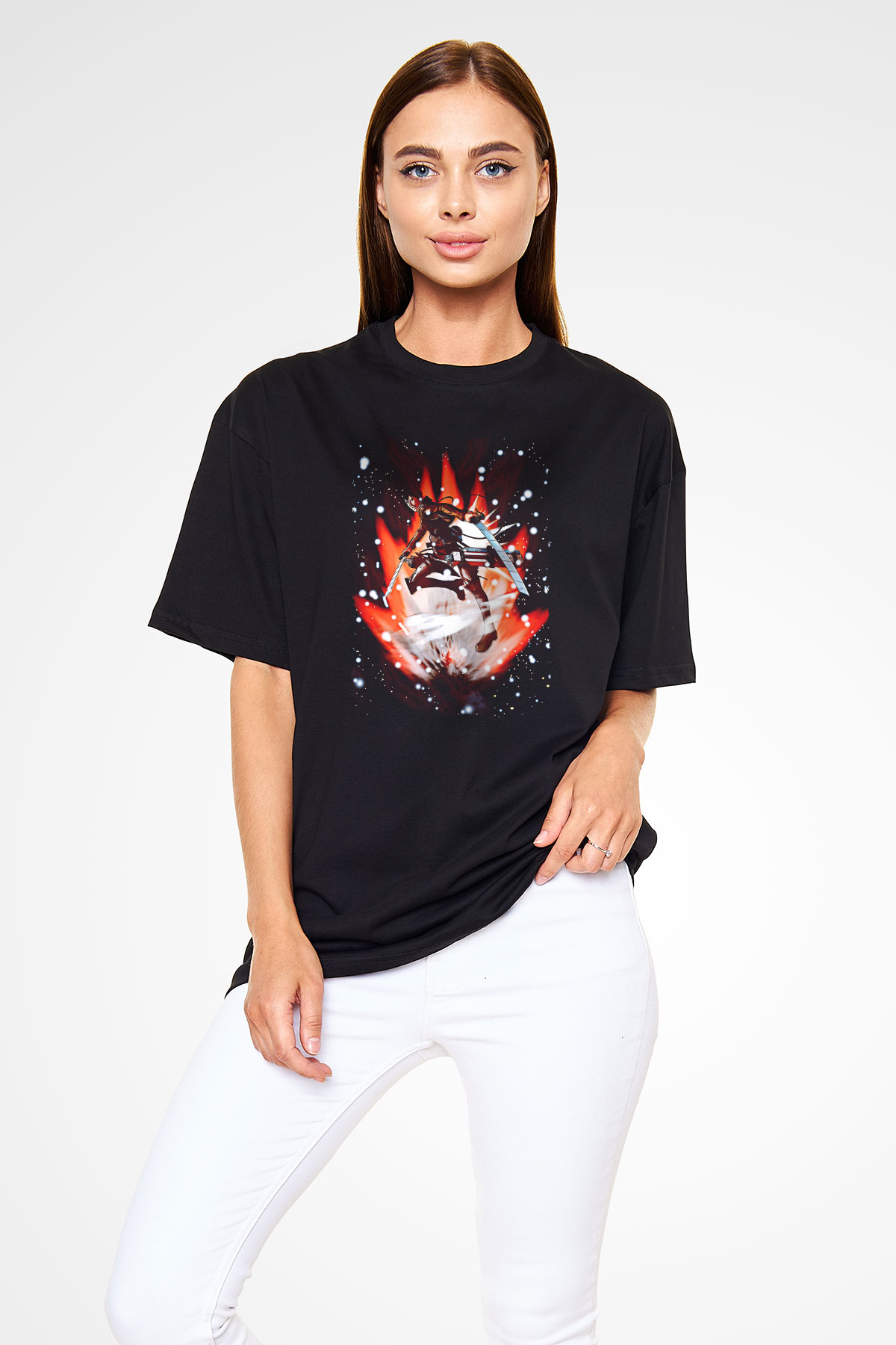 Attack On Titan Baskılı Unisex Siyah Oversize Tişört - Tshirt