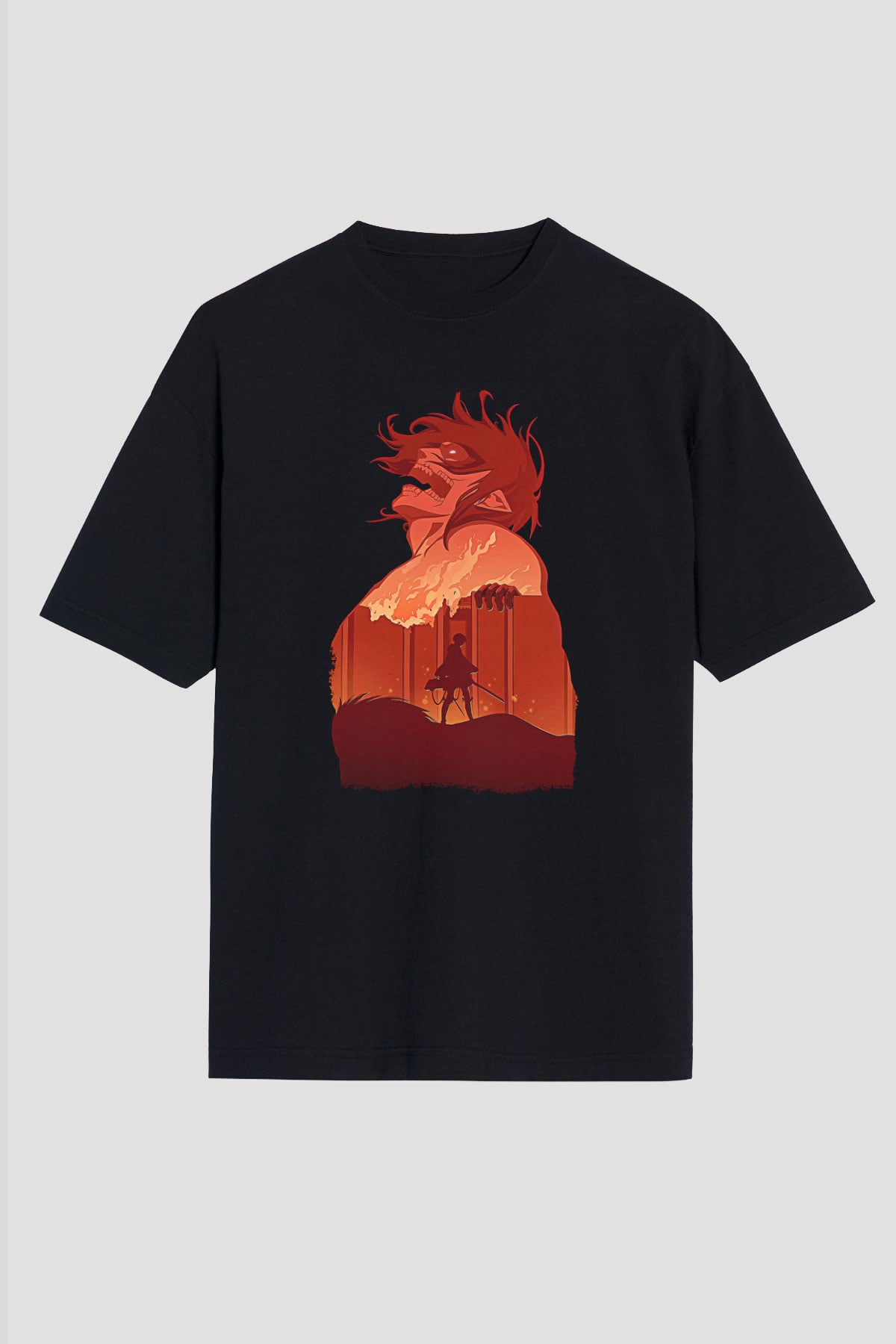 Attack On Titan Baskılı Unisex Siyah Oversize Tişört - Tshirt