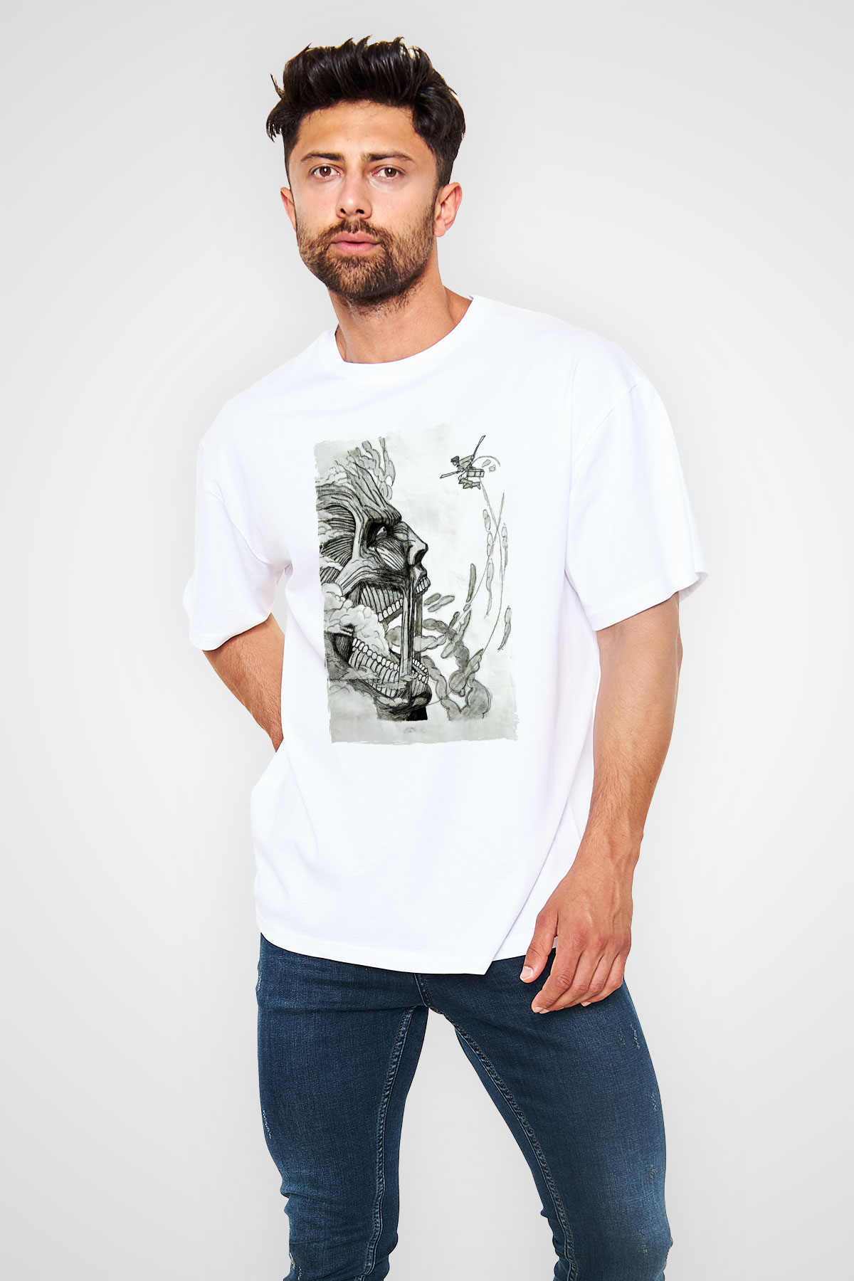 Attack On Titan Baskılı Unisex Siyah Oversize Tişört - Tshirt