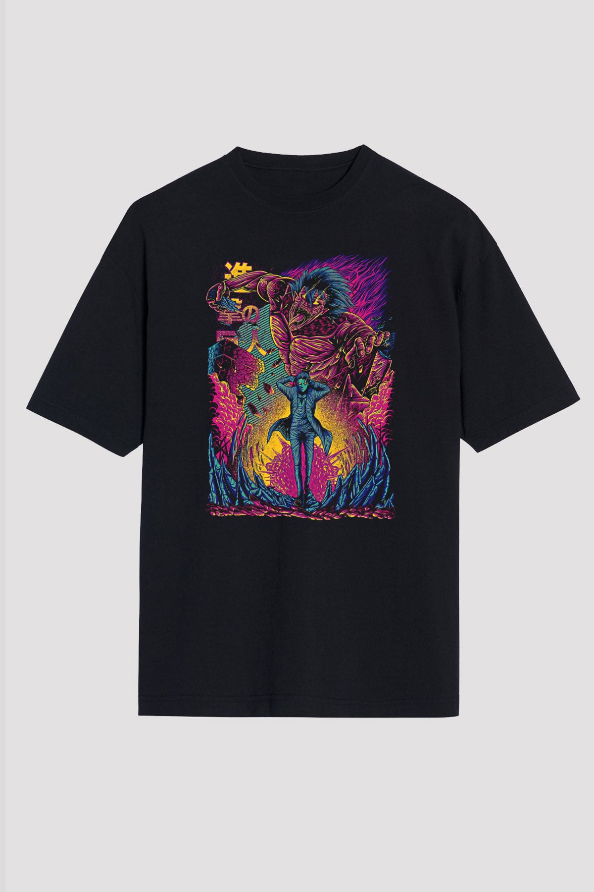 Attack On Titan Baskılı Unisex Siyah Oversize Tişört - Tshirt