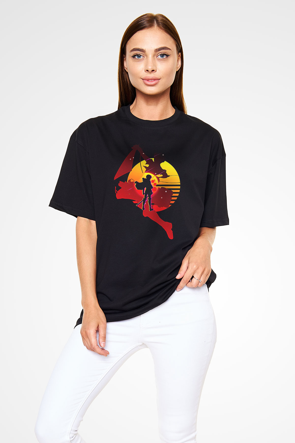 Attack On Titan Baskılı Unisex Siyah Oversize Tişört - Tshirt