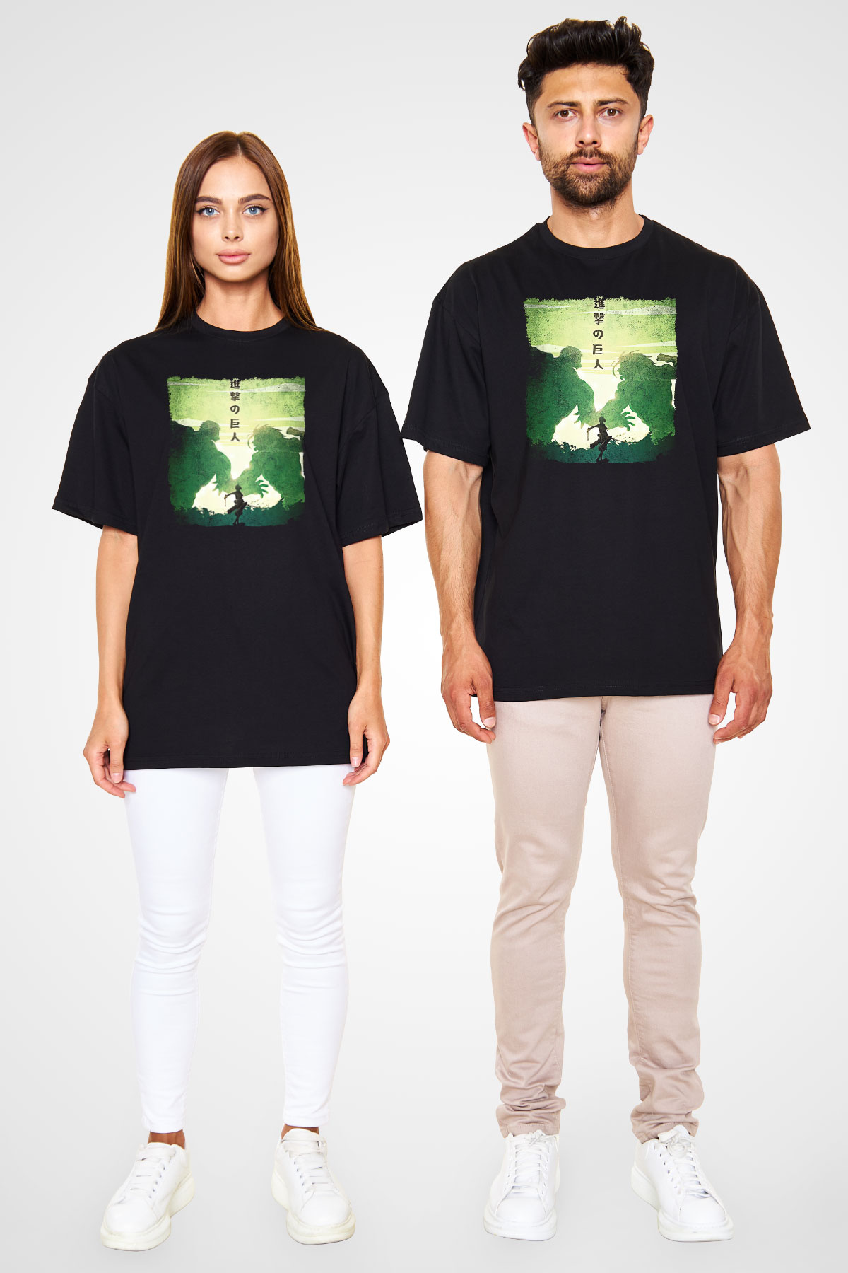 Attack On Titan Baskılı Unisex Siyah Oversize Tişört - Tshirt