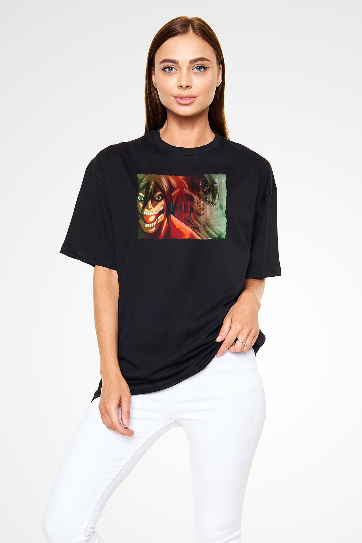 Attack On Titan Baskılı Unisex Siyah Oversize Tişört - Tshirt