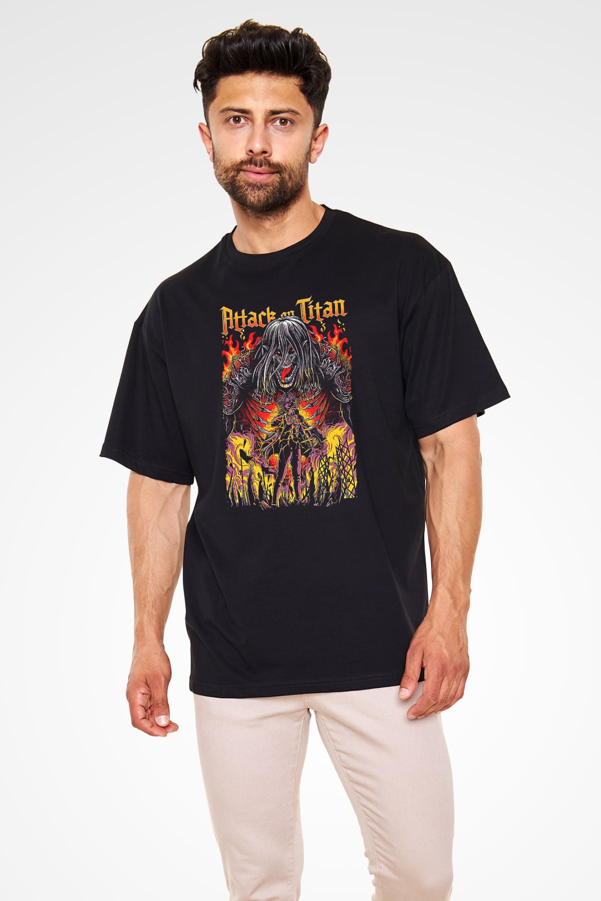 Attack On Titan Baskılı Unisex Siyah Oversize Tişört - Tshirt