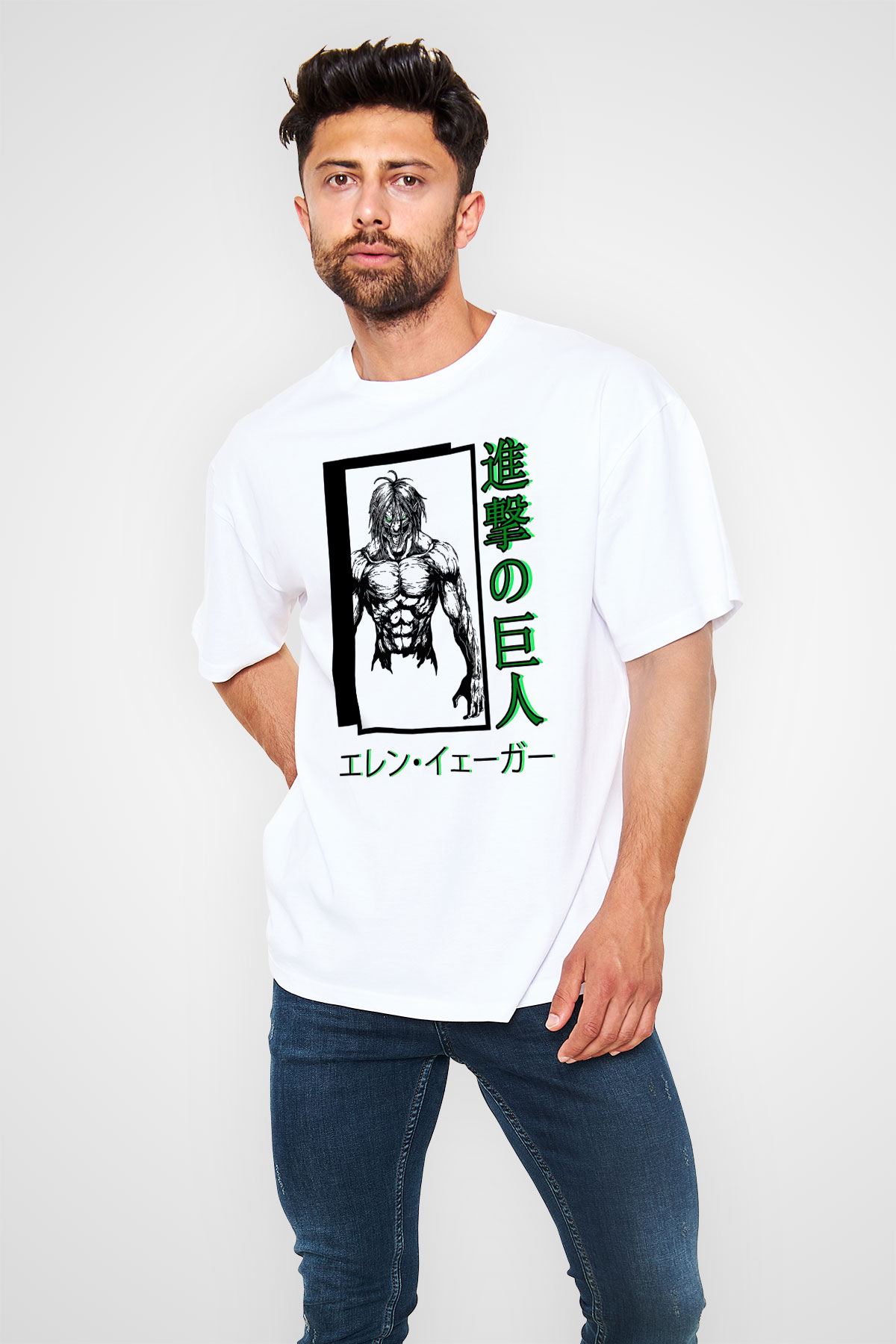 Attack On Titan Baskılı Unisex Siyah Oversize Tişört - Tshirt