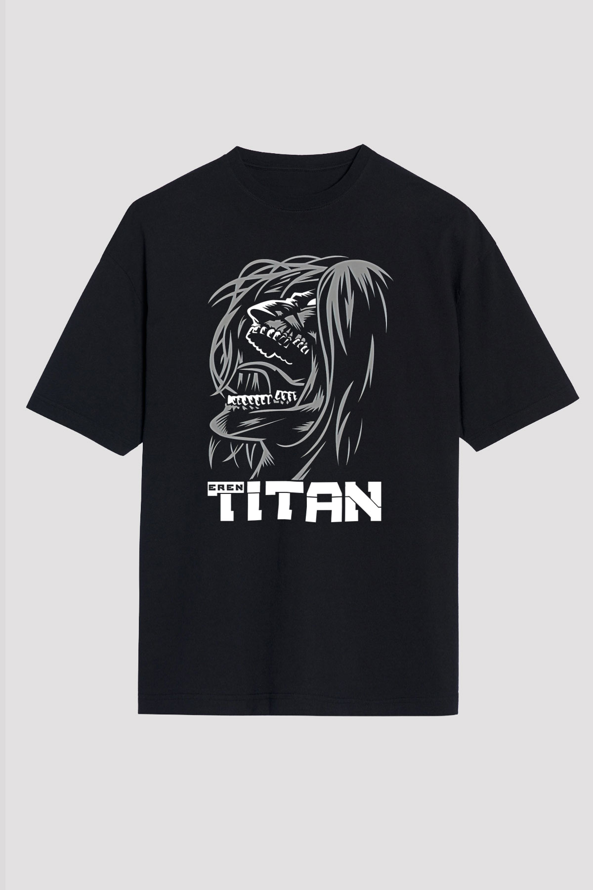 Attack On Titan Baskılı Unisex Siyah Oversize Tişört - Tshirt