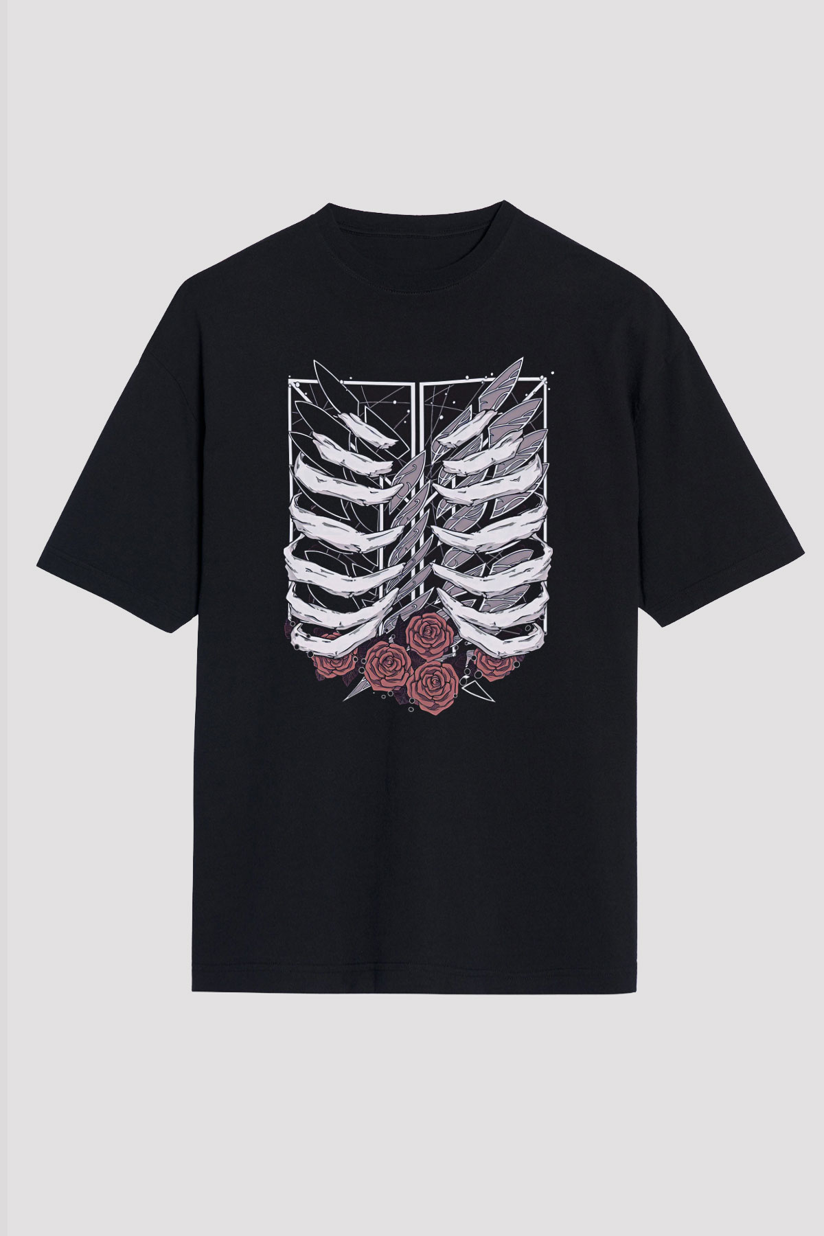 Attack On Titan Baskılı Unisex Siyah Oversize Tişört - Tshirt