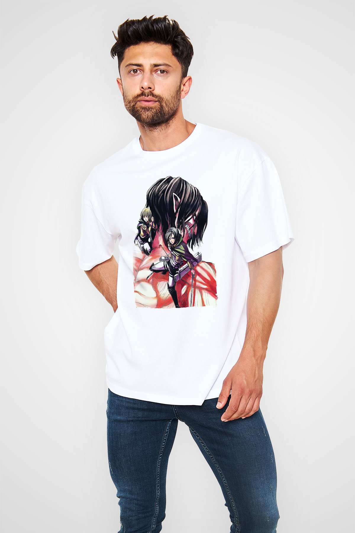 Attack On Titan Baskılı Unisex Siyah Oversize Tişört - Tshirt