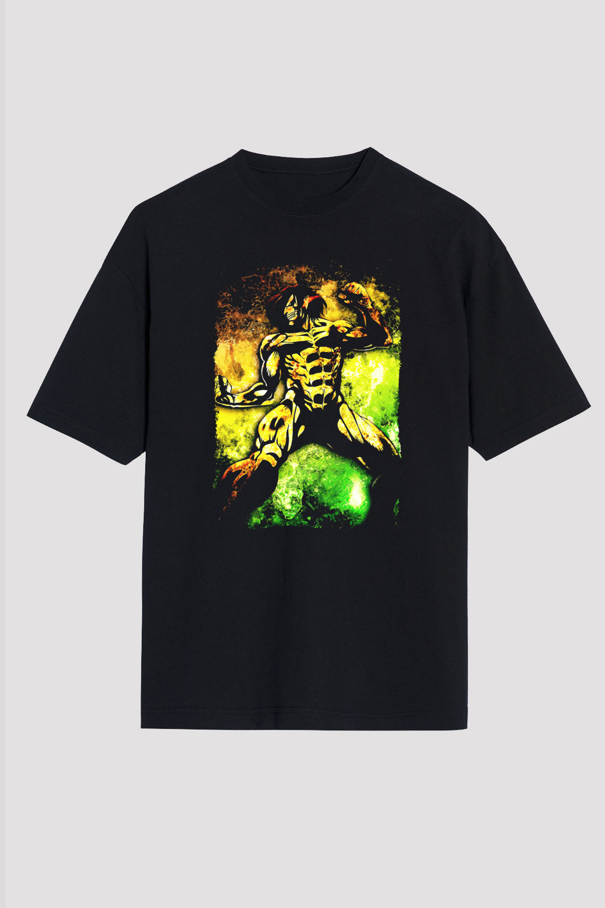 Attack On Titan Baskılı Unisex Siyah Oversize Tişört - Tshirt
