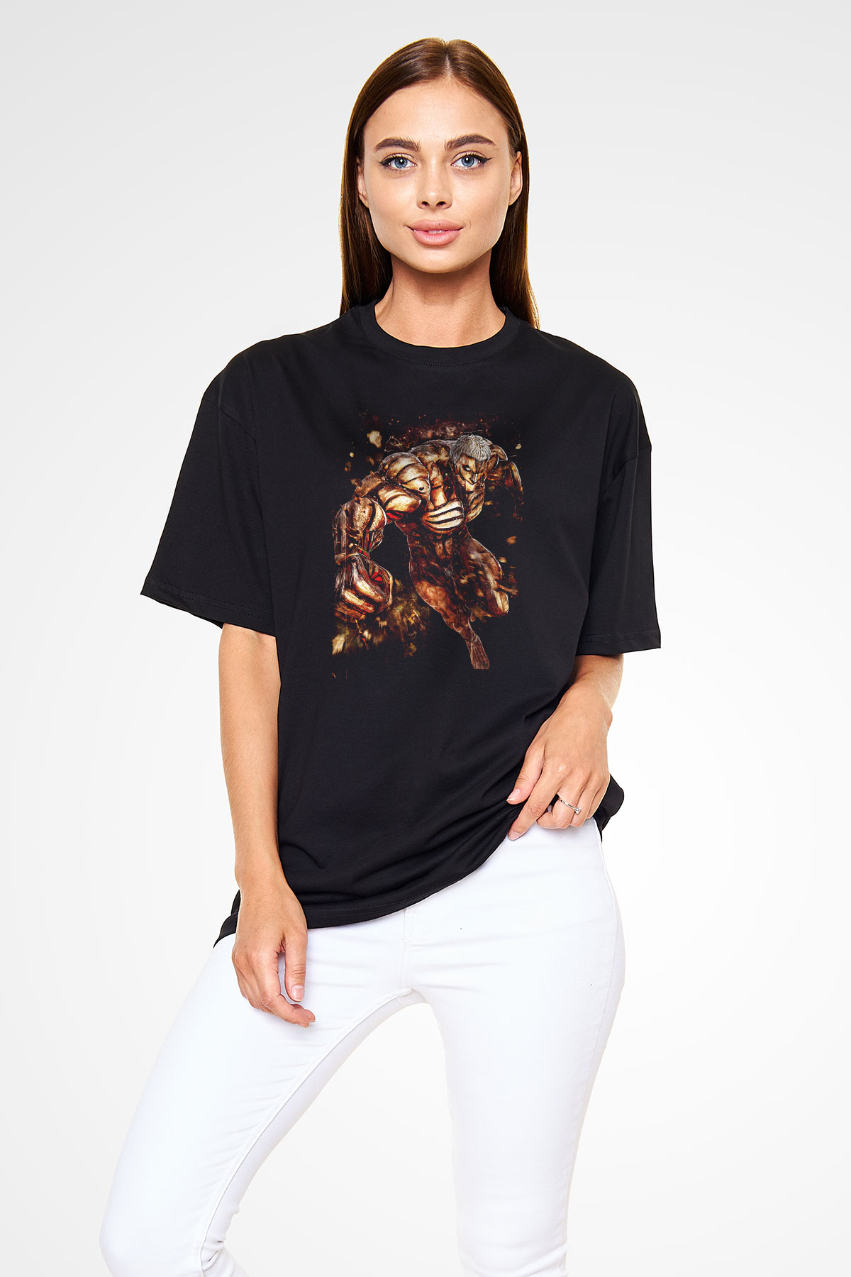 Attack On Titan Baskılı Unisex Siyah Oversize Tişört - Tshirt