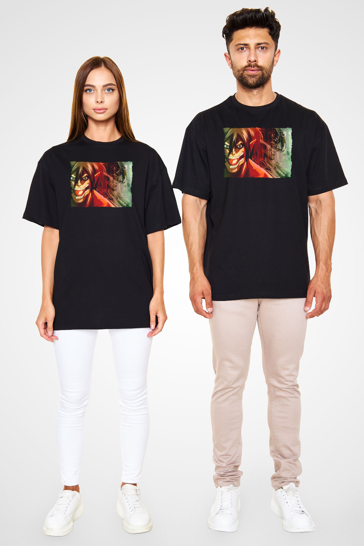 Attack On Titan Baskılı Unisex Siyah Oversize Tişört - Tshirt