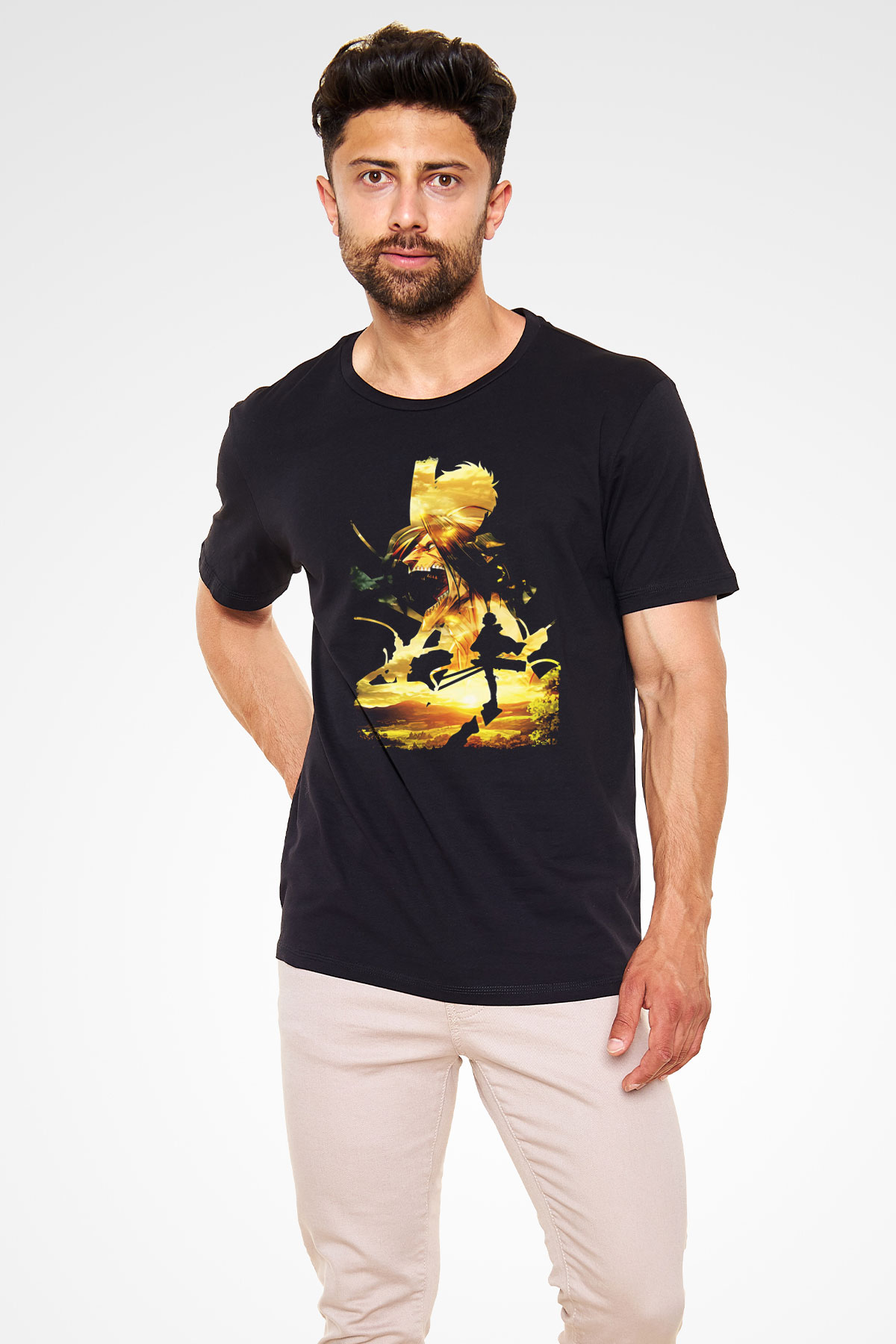 Attack On Titan Baskılı Unisex Siyah Tişört - Tshirt