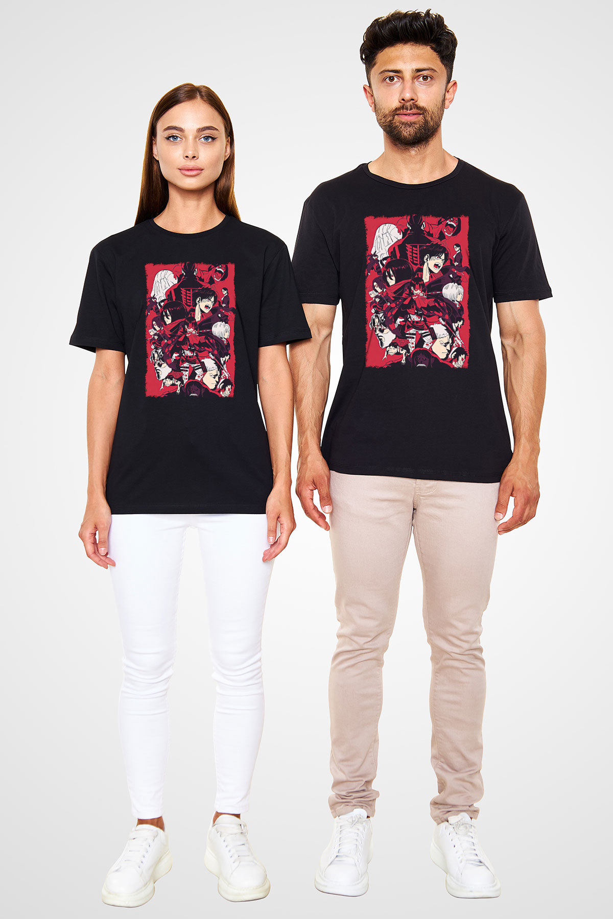 Attack On Titan Baskılı Unisex Siyah Tişört - Tshirt