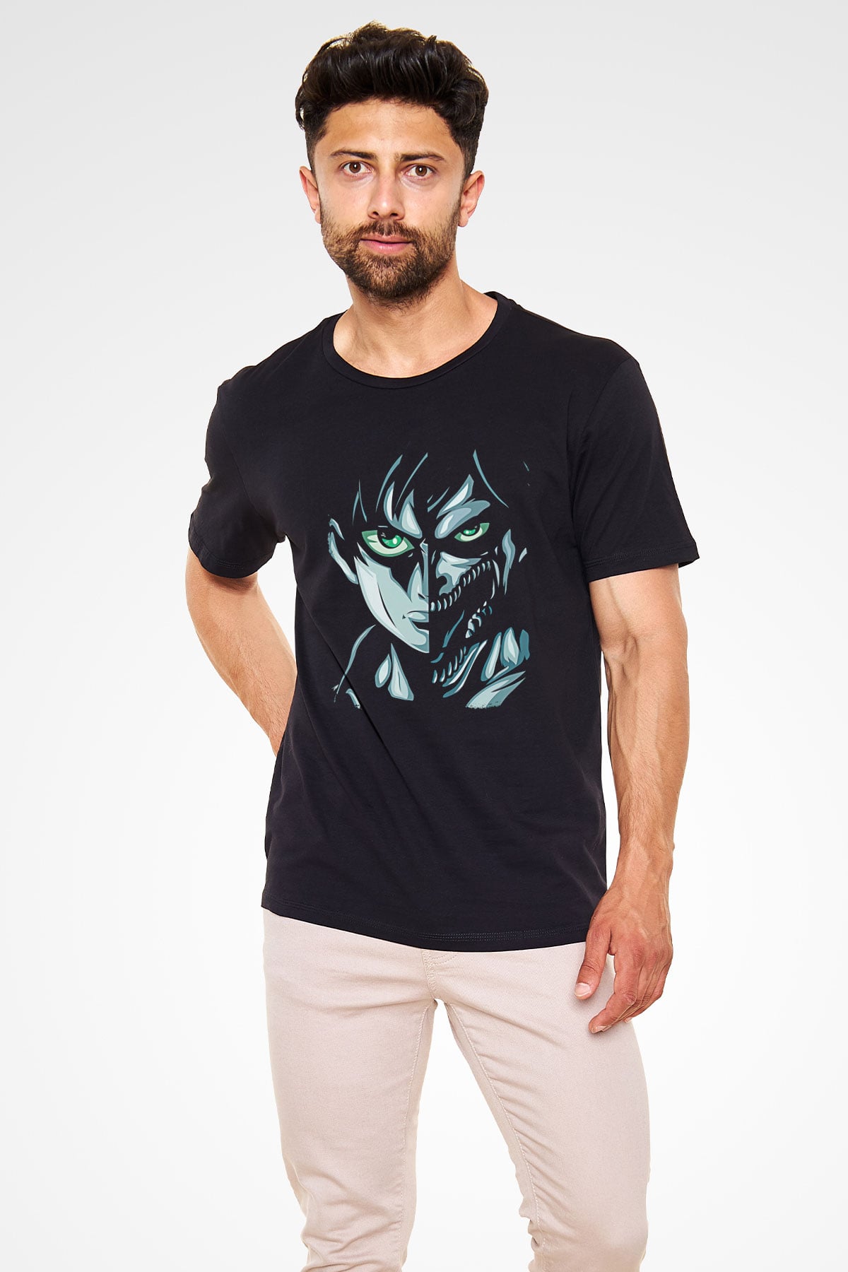 Attack On Titan Baskılı Unisex Siyah Tişört - Tshirt