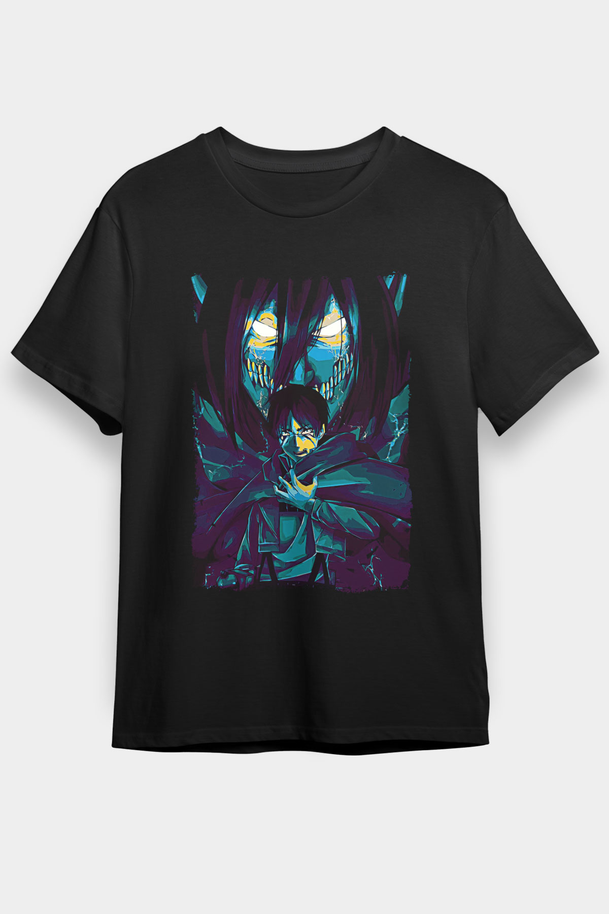 Attack On Titan Baskılı Unisex Siyah Tişört - Tshirt