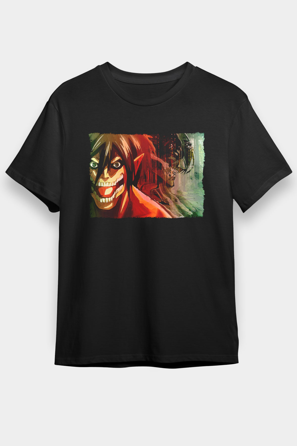 Attack On Titan Baskılı Unisex Siyah Tişört - Tshirt