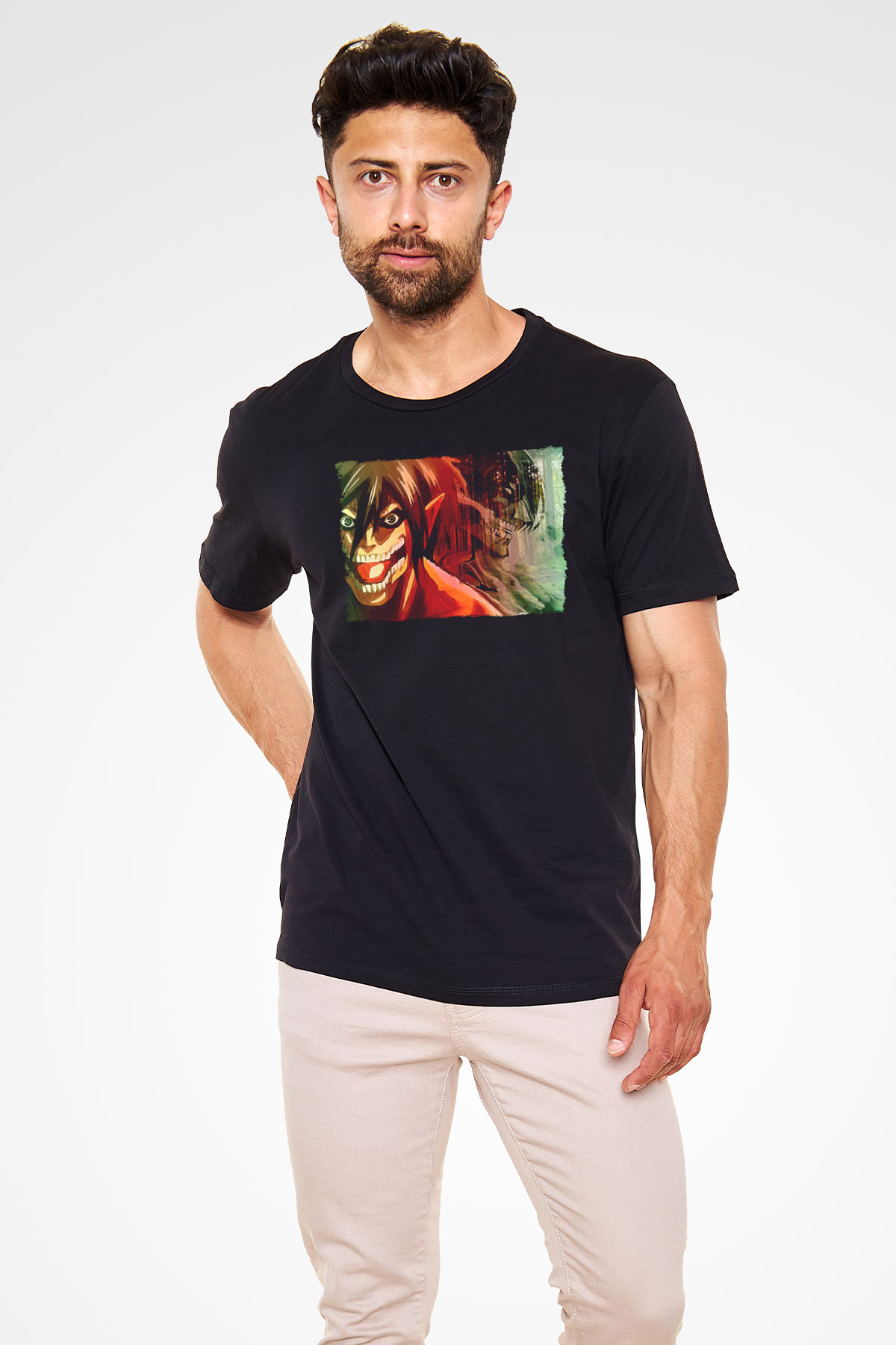 Attack On Titan Baskılı Unisex Siyah Tişört - Tshirt