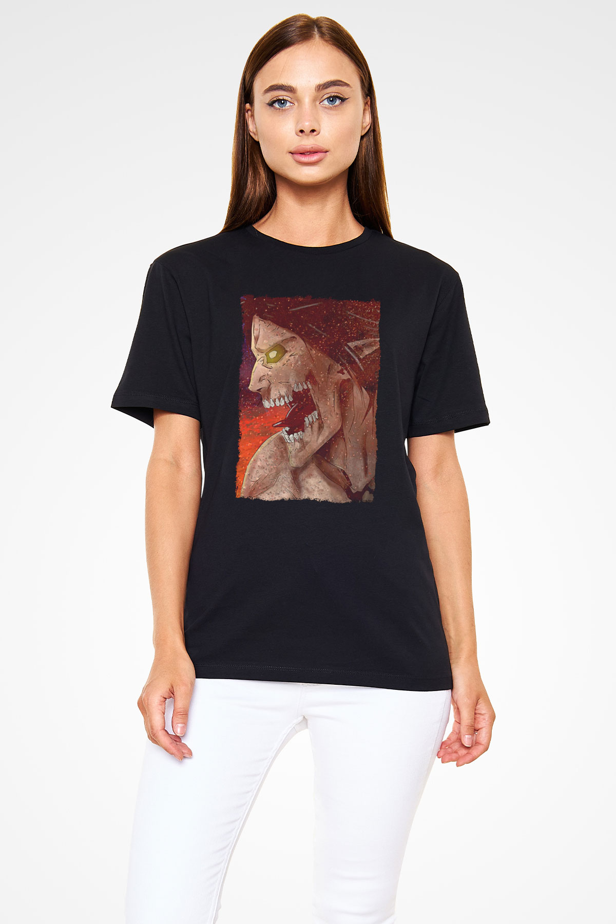 Attack On Titan Baskılı Unisex Siyah Tişört - Tshirt