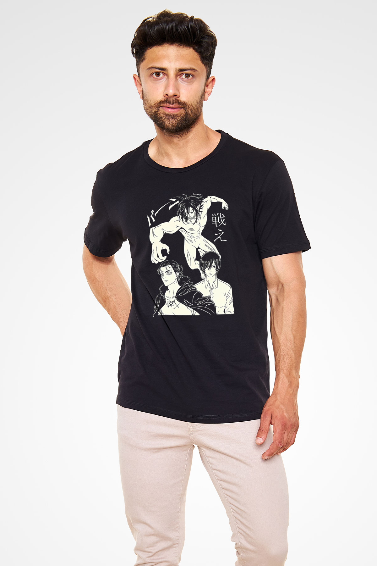 Attack On Titan Baskılı Unisex Siyah Tişört - Tshirt