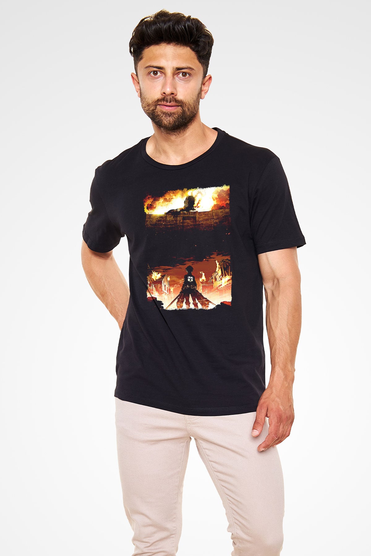 Attack On Titan Baskılı Unisex Siyah Tişört - Tshirt
