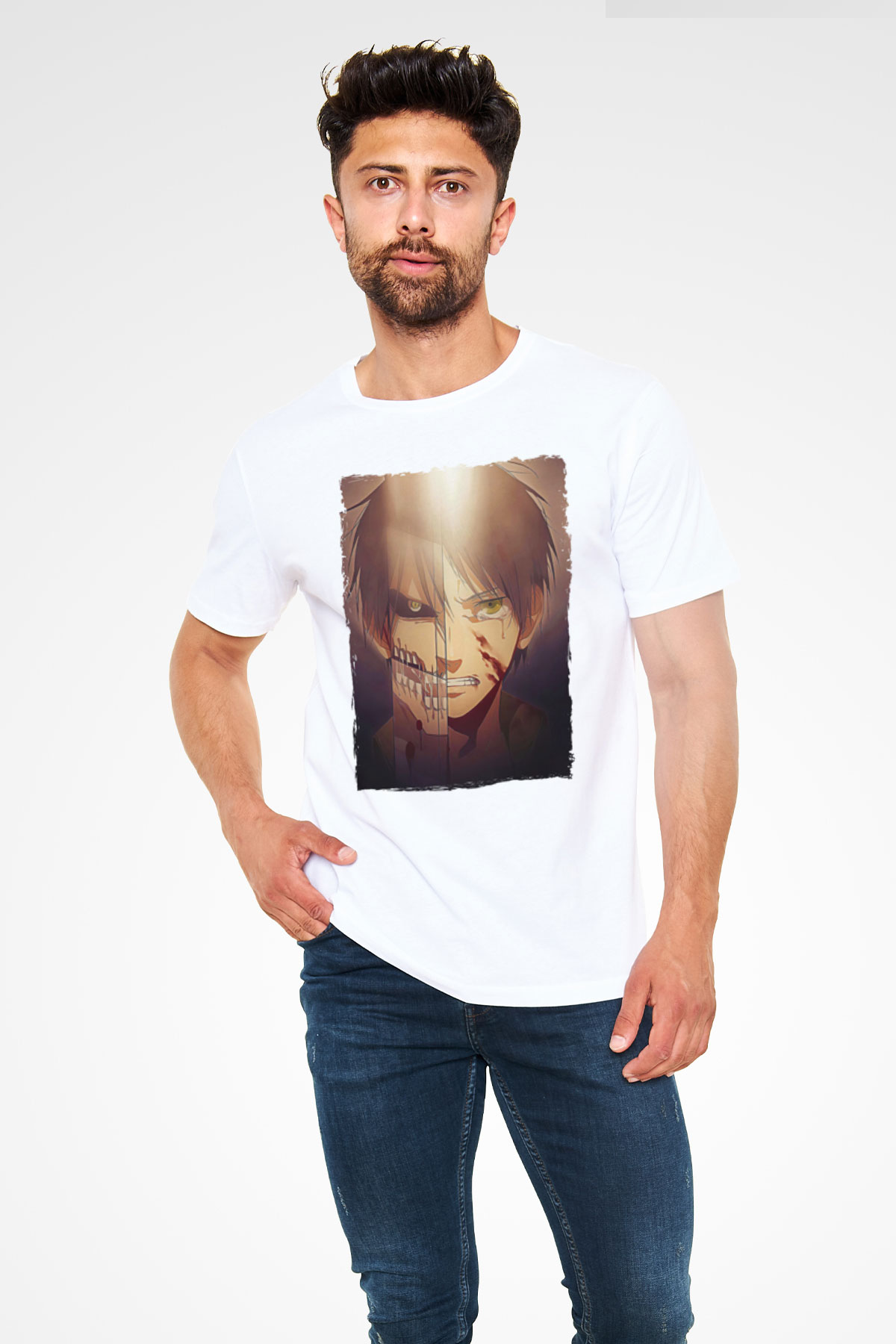 Attack On Titan Baskılı Unisex Siyah Tişört - Tshirt