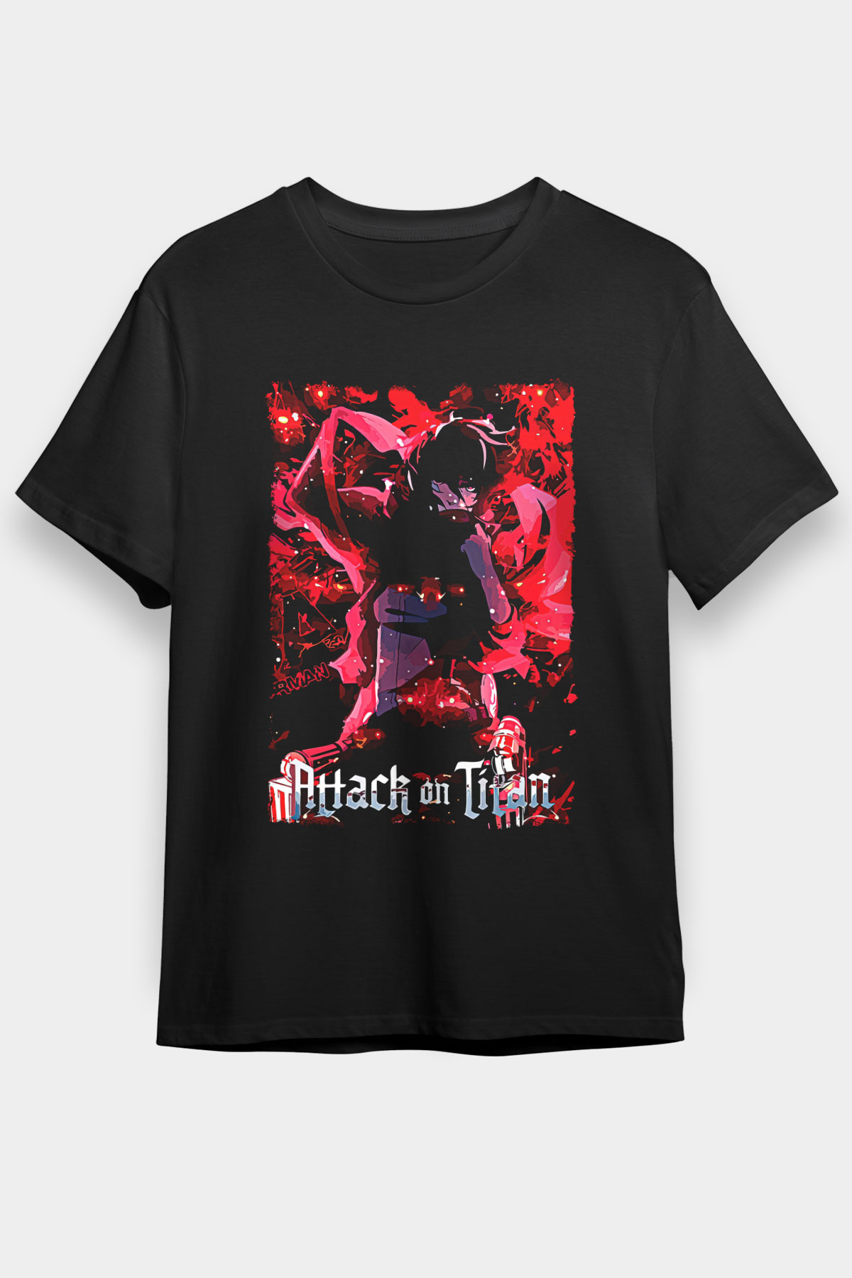 Attack On Titan Baskılı Unisex Siyah Tişört - Tshirt